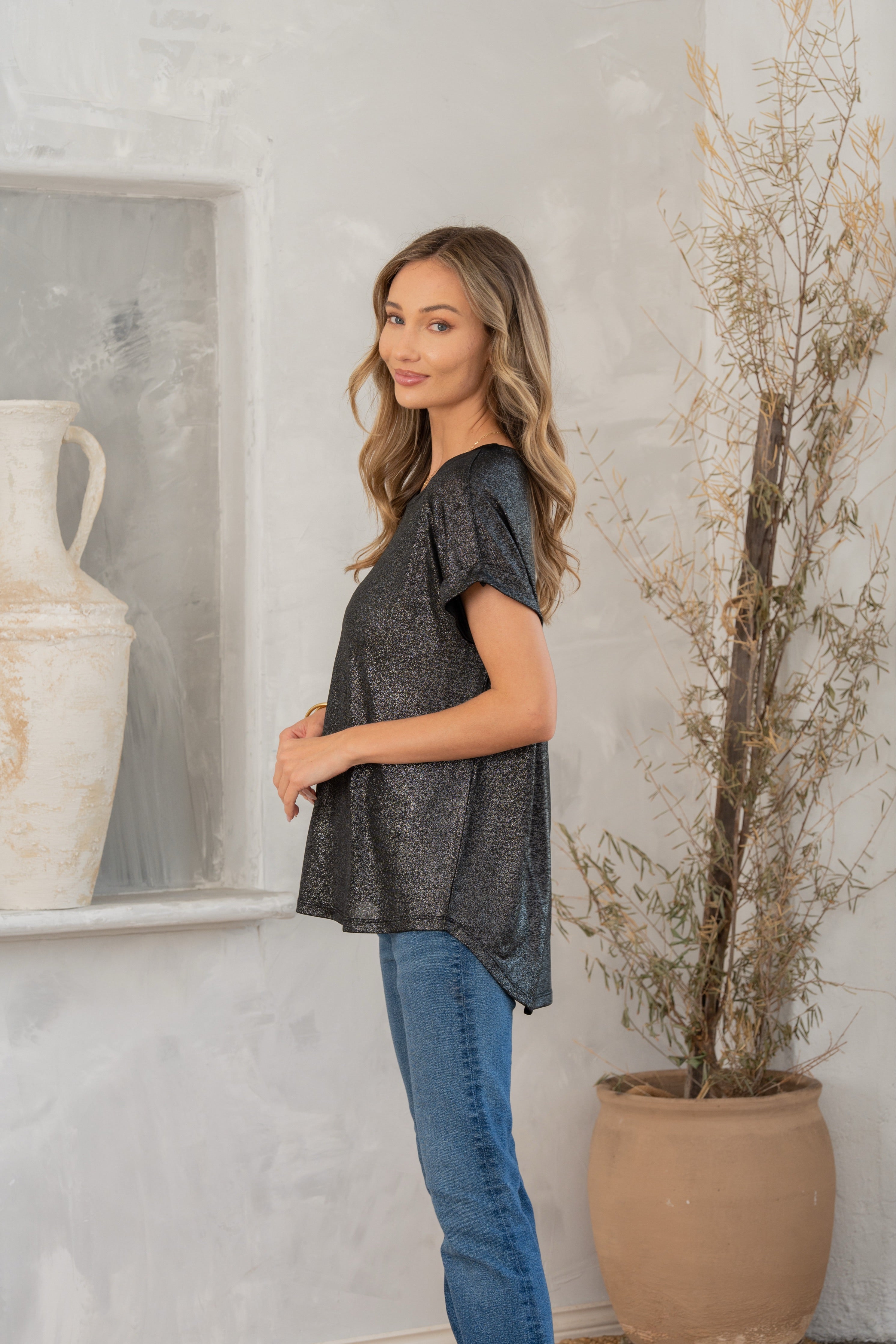 Shimmer Cuffed Top in Black-Womens-Stay Foxy Boutique, Florissant, Missouri