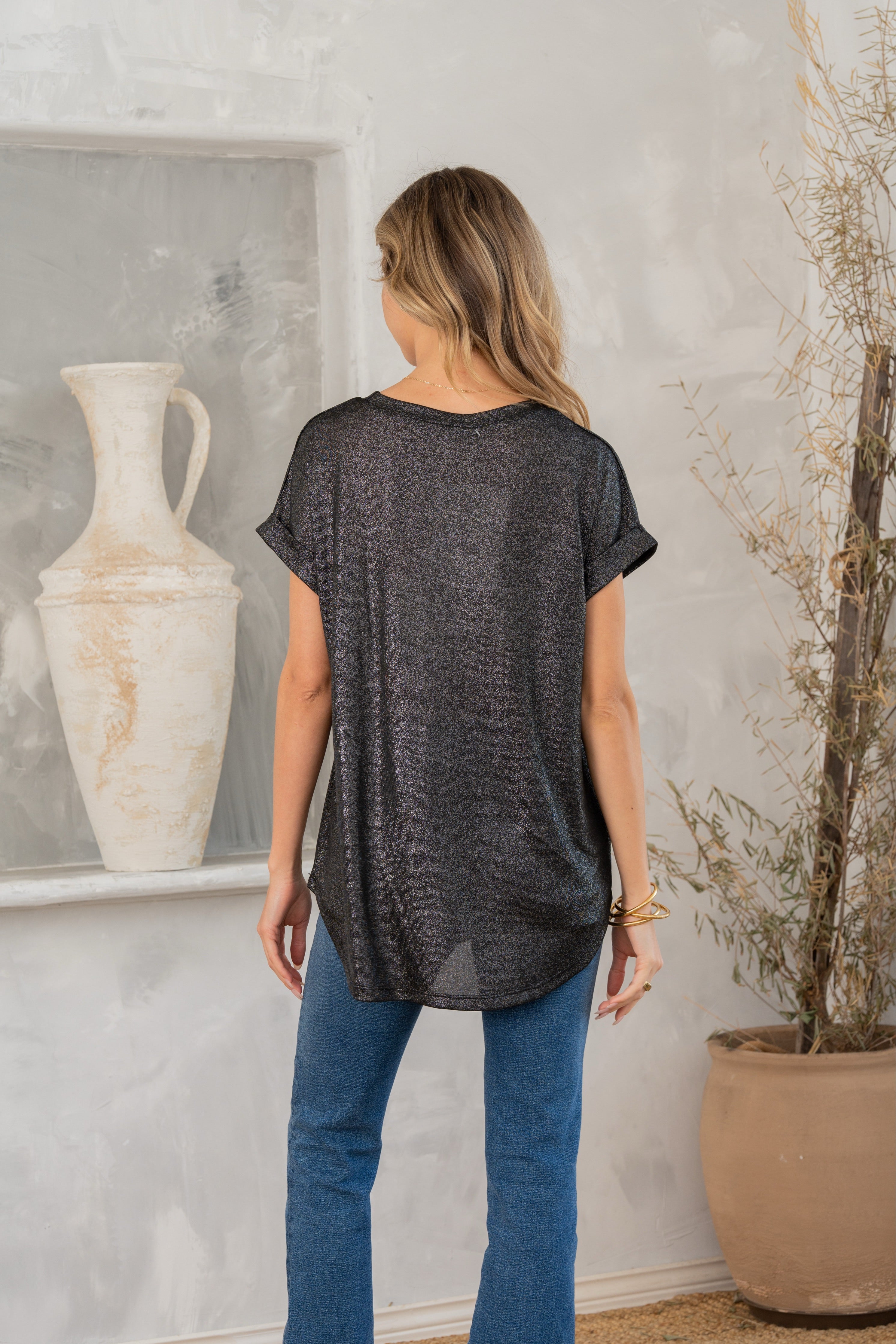 Shimmer Cuffed Top in Black-Womens-Stay Foxy Boutique, Florissant, Missouri