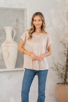 Shimmer Cuffed Top in Taupe-Womens-Stay Foxy Boutique, Florissant, Missouri