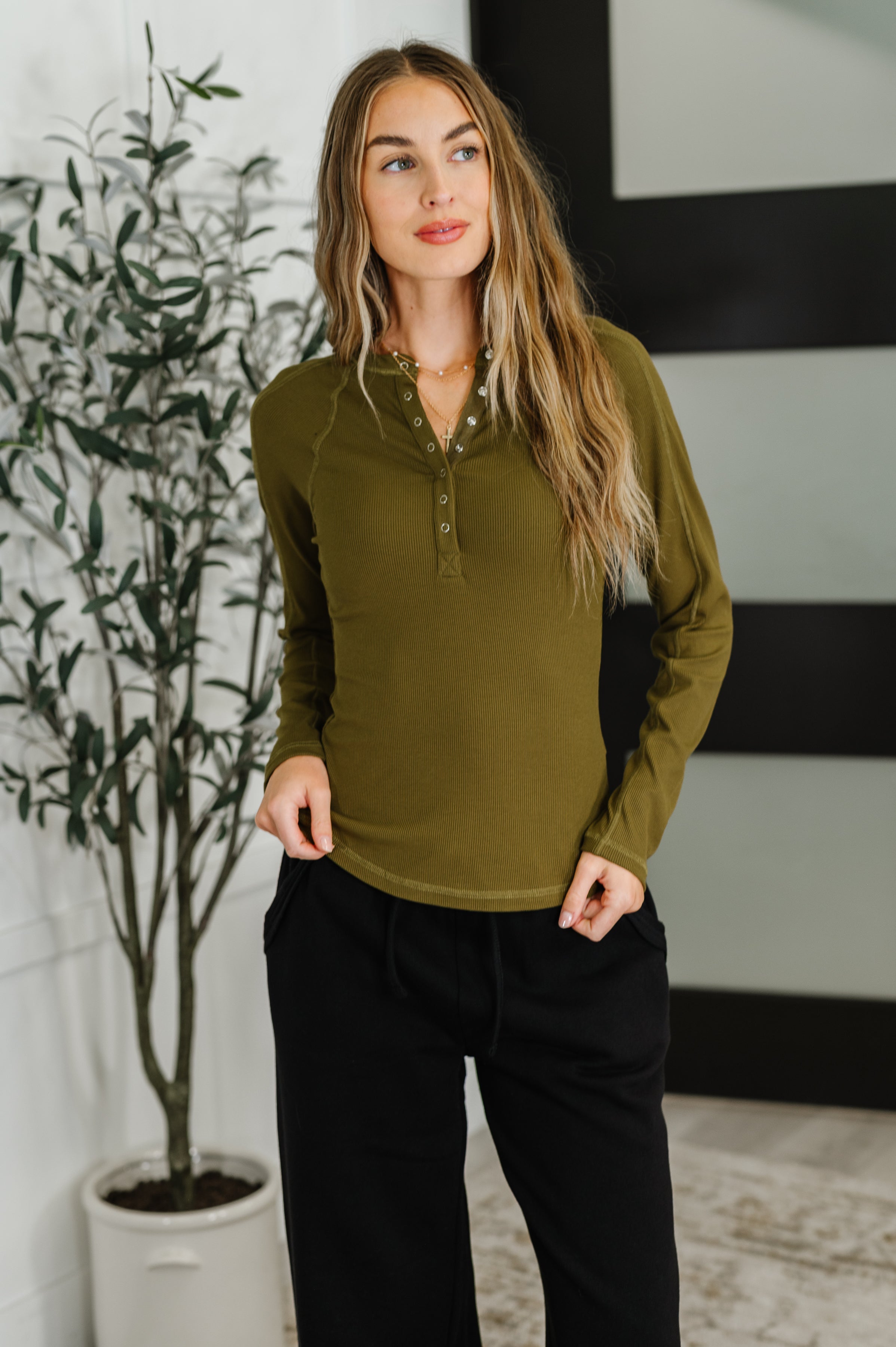 Effortless Edge Knit Henley Top in Camo Green-Womens-Stay Foxy Boutique, Florissant, Missouri