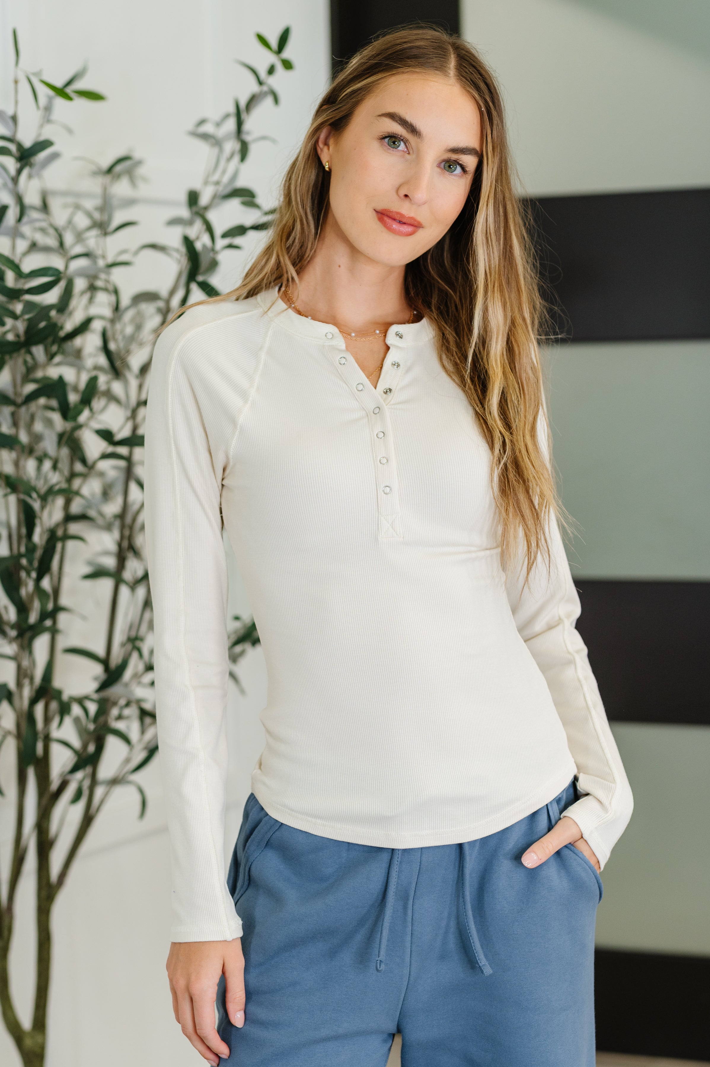 Effortless Edge Knit Henley Top in Natural-Womens-Stay Foxy Boutique, Florissant, Missouri
