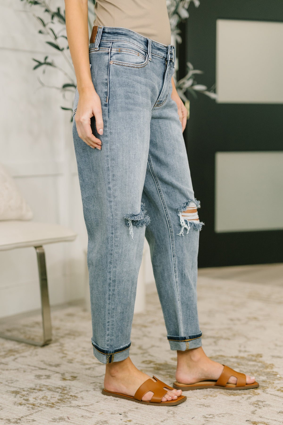 Elaine Mid Rise Boyfriend with Distress & Cuff-Womens-Stay Foxy Boutique, Florissant, Missouri