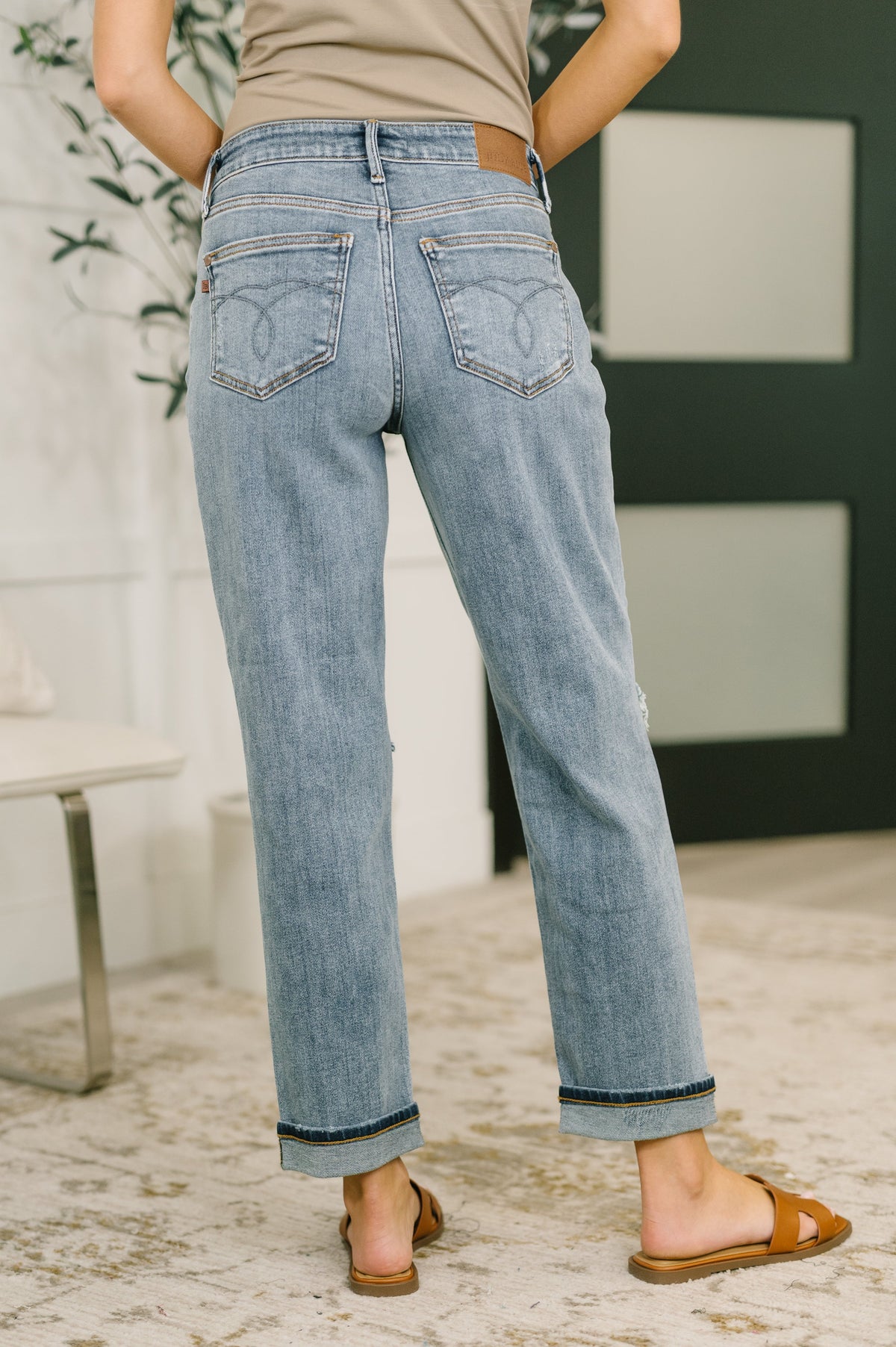 Elaine Mid Rise Boyfriend with Distress & Cuff-Womens-Stay Foxy Boutique, Florissant, Missouri