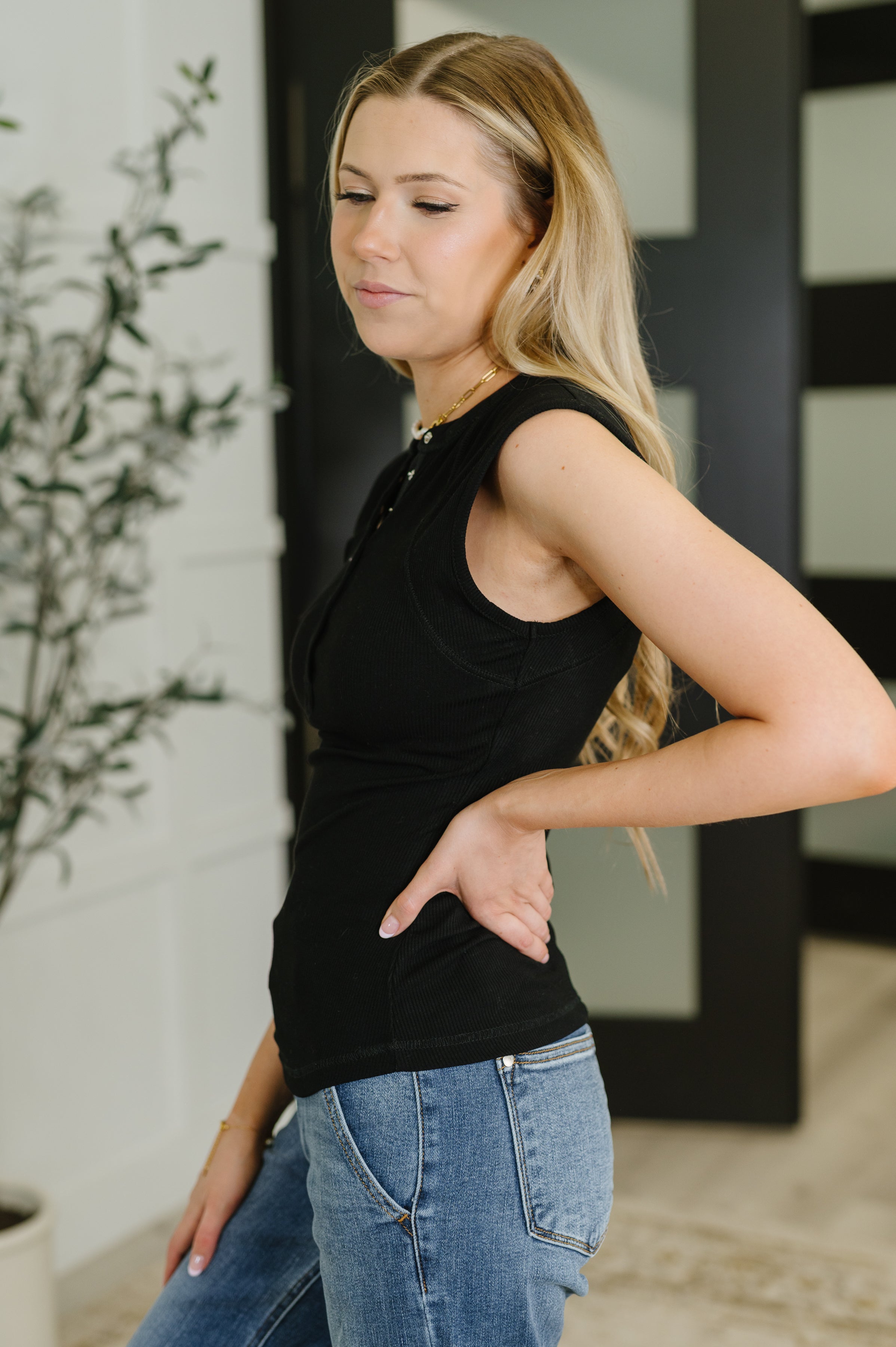 Everyday Edge Knit Henley Tank in Black-Womens-Stay Foxy Boutique, Florissant, Missouri