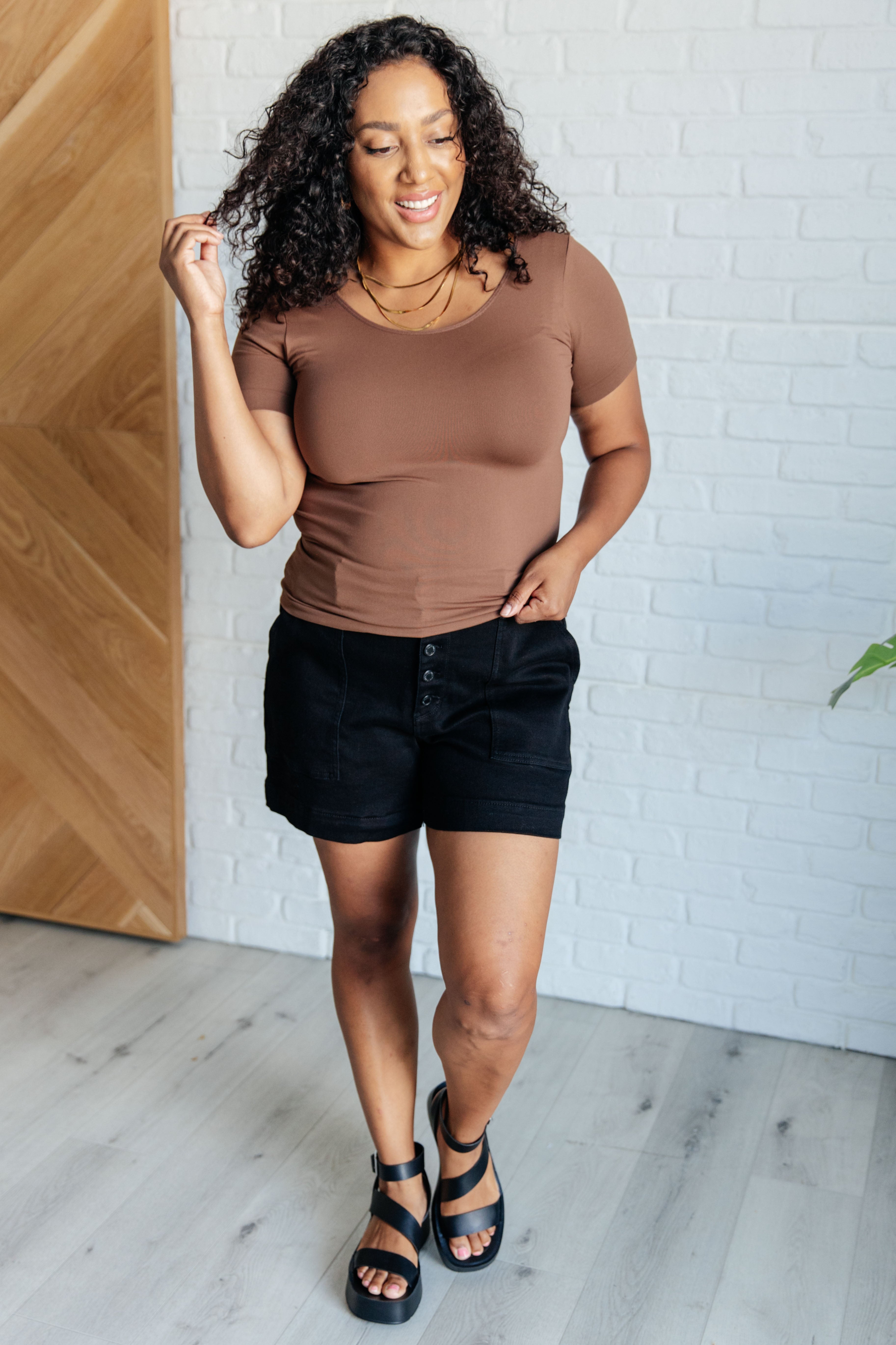 Everyday Scoop Neck Short Sleeve Top in Coffee-Tops-Stay Foxy Boutique, Florissant, Missouri