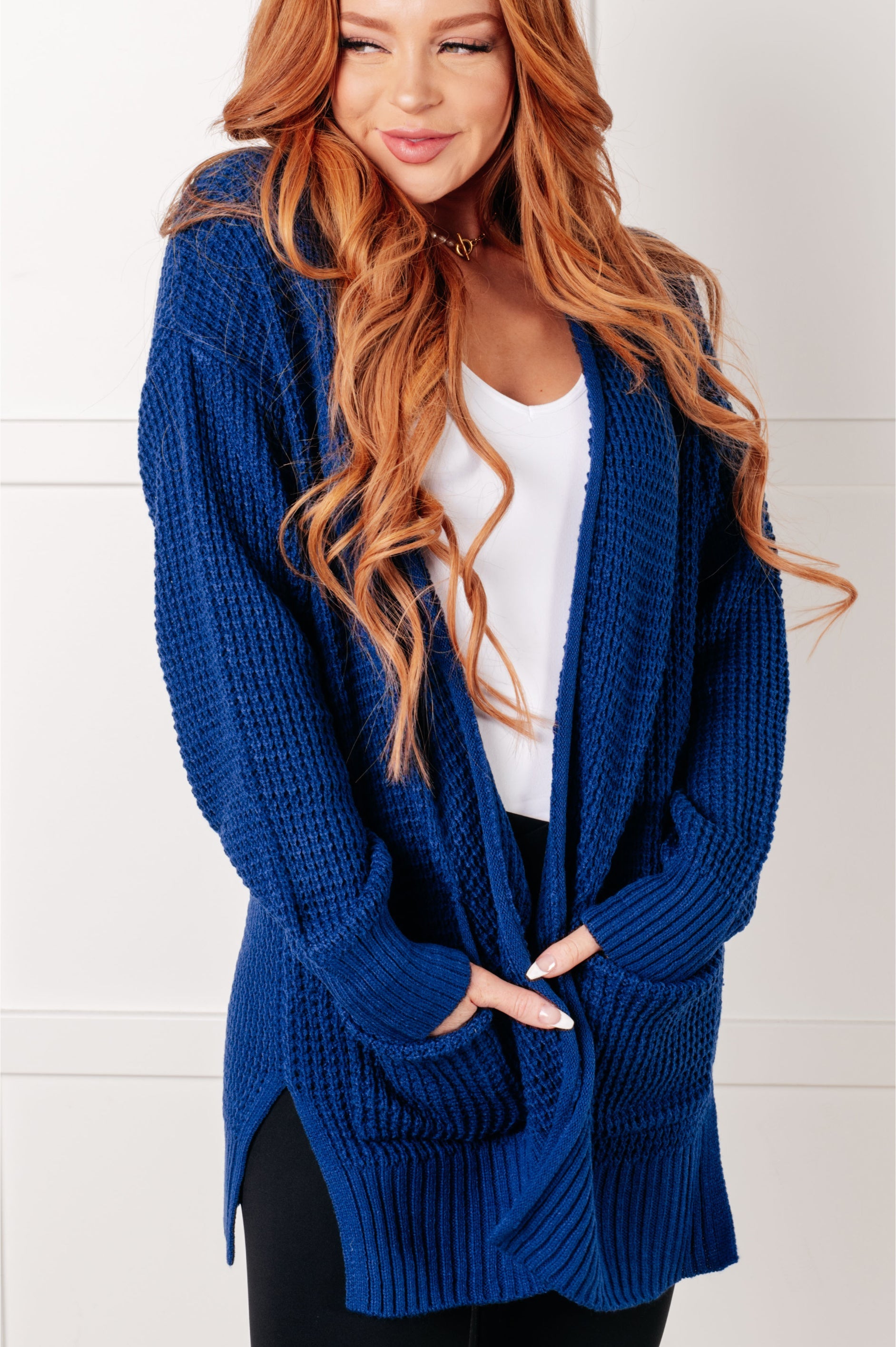 Everything Layer Waffle Knit Open Front Cardigan in Light Navy-Layers-Stay Foxy Boutique, Florissant, Missouri