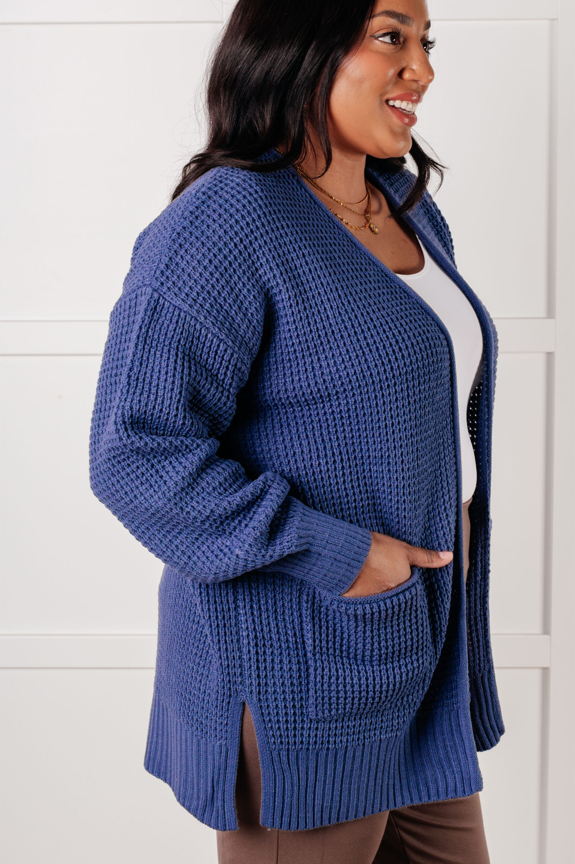 Everything Layer Waffle Knit Open Front Cardigan in Marlin-Layers-Stay Foxy Boutique, Florissant, Missouri