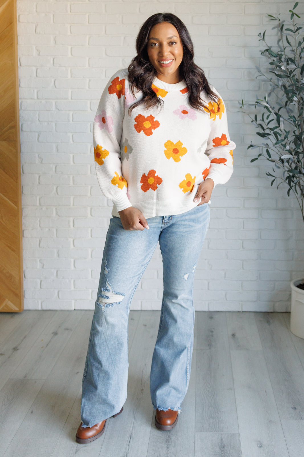 Falling Flowers Floral Sweater-Tops-Stay Foxy Boutique, Florissant, Missouri