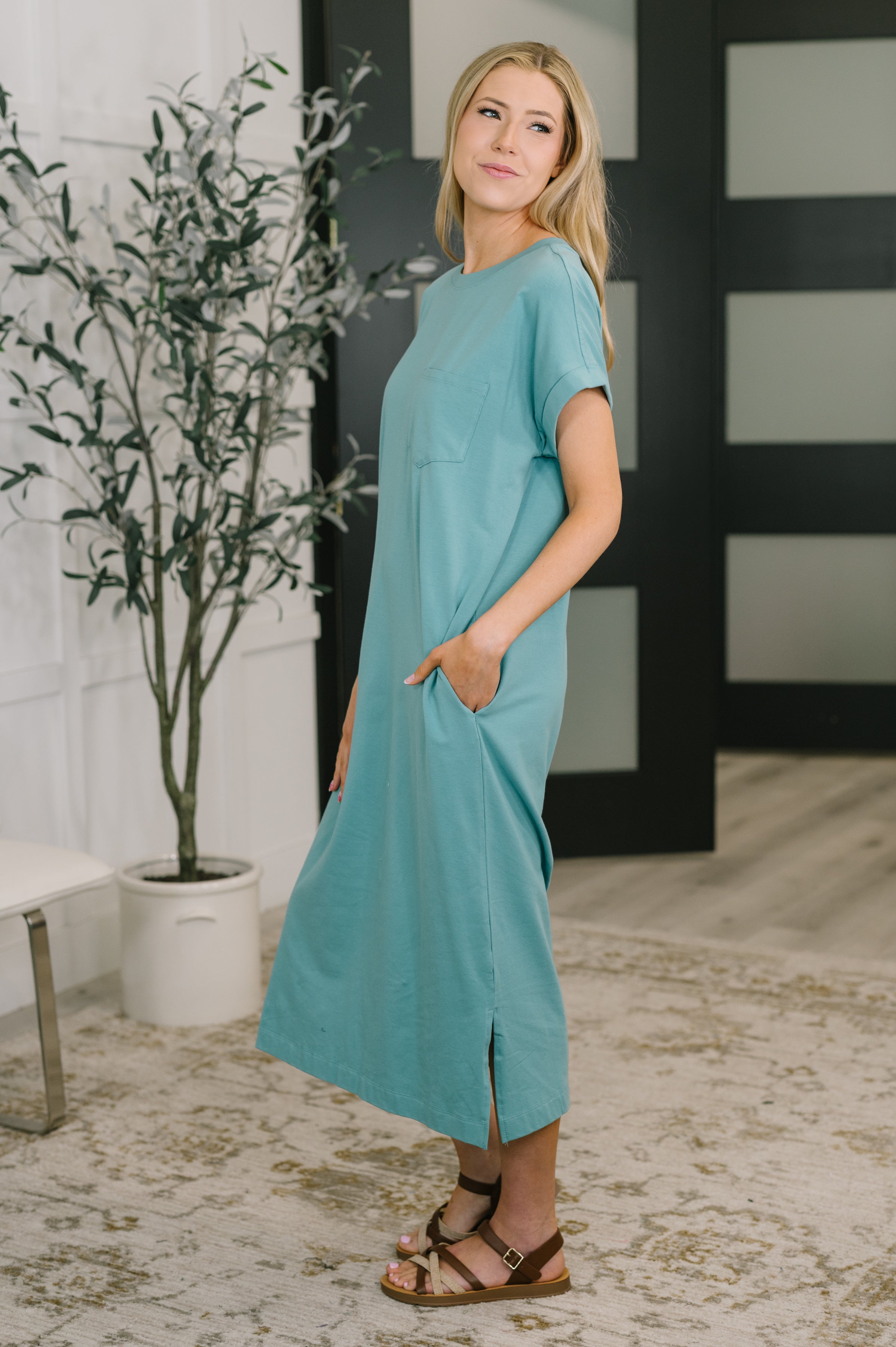 Fix You Right Up Short Sleeve Midi Dress in Dusty Teal-Womens-Stay Foxy Boutique, Florissant, Missouri