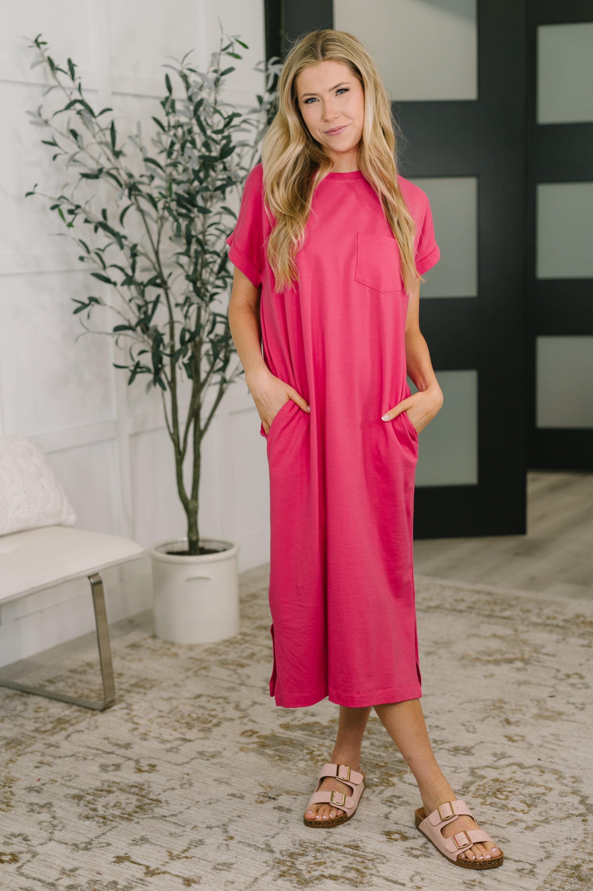 Fix You Right Up Short Sleeve Midi Dress in Hot Pink-Womens-Stay Foxy Boutique, Florissant, Missouri