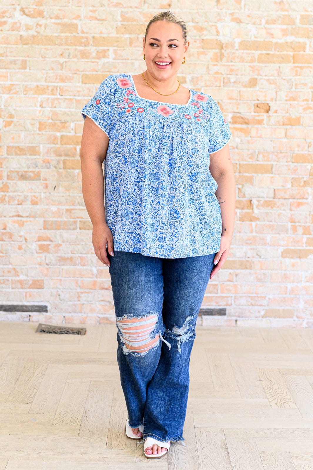 Floral Goals Blouse in Royal-Tops-Stay Foxy Boutique, Florissant, Missouri