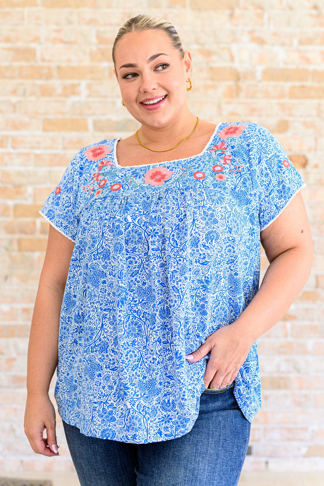 Floral Goals Blouse in Royal-Tops-Stay Foxy Boutique, Florissant, Missouri