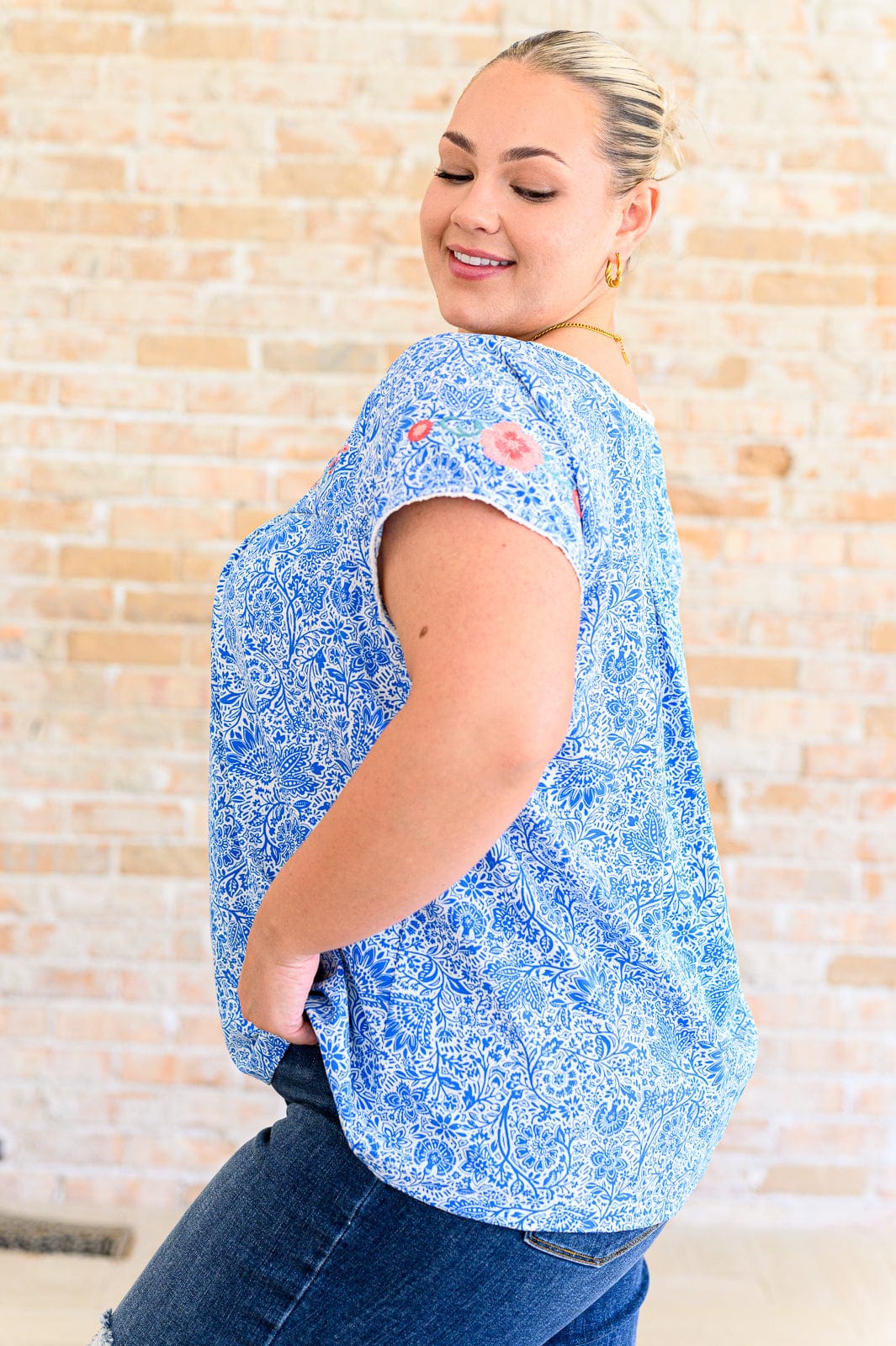 Floral Goals Blouse in Royal-Tops-Stay Foxy Boutique, Florissant, Missouri