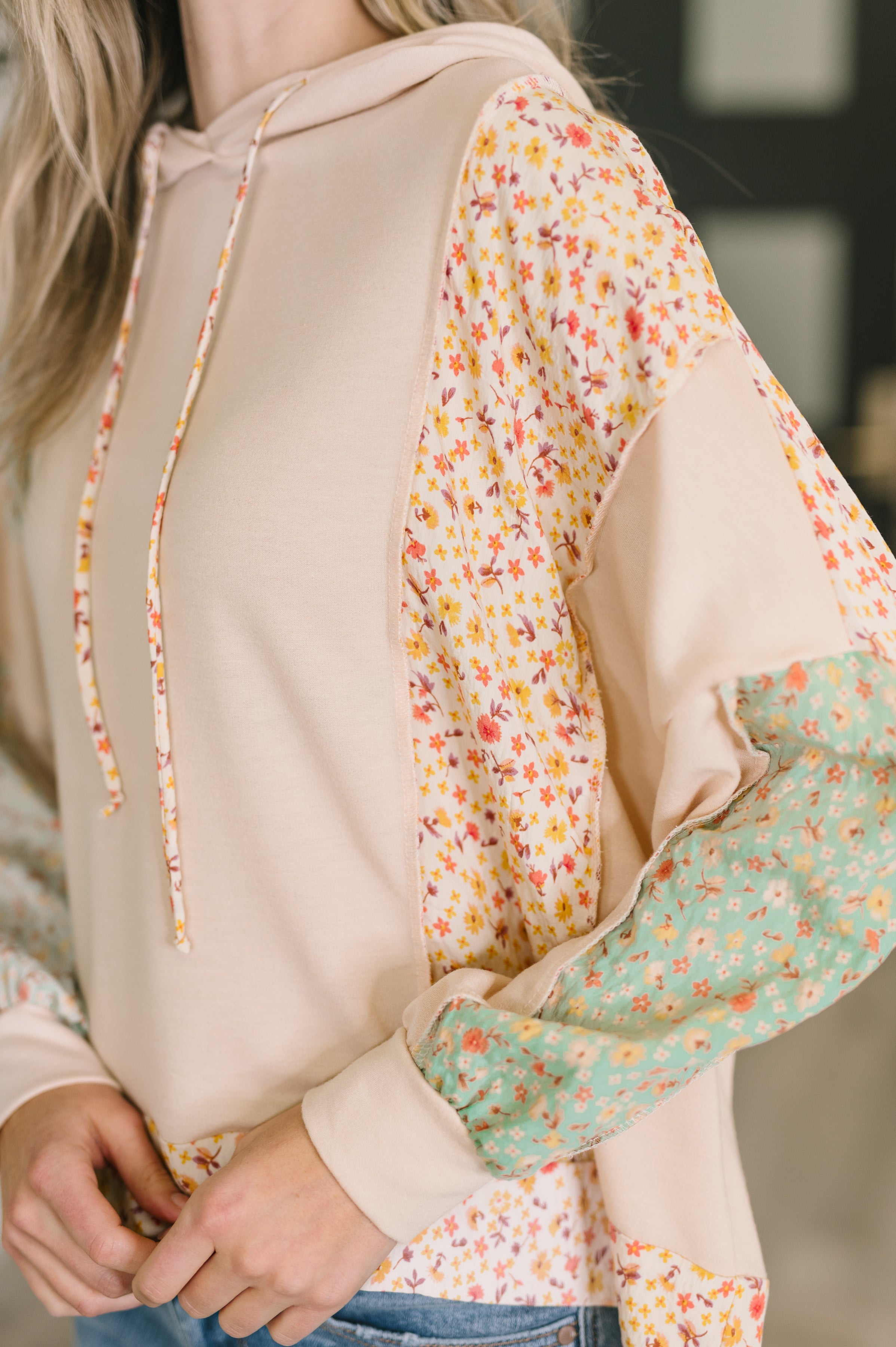 Floral Patchwork Hooded Pullover-Womens-Stay Foxy Boutique, Florissant, Missouri