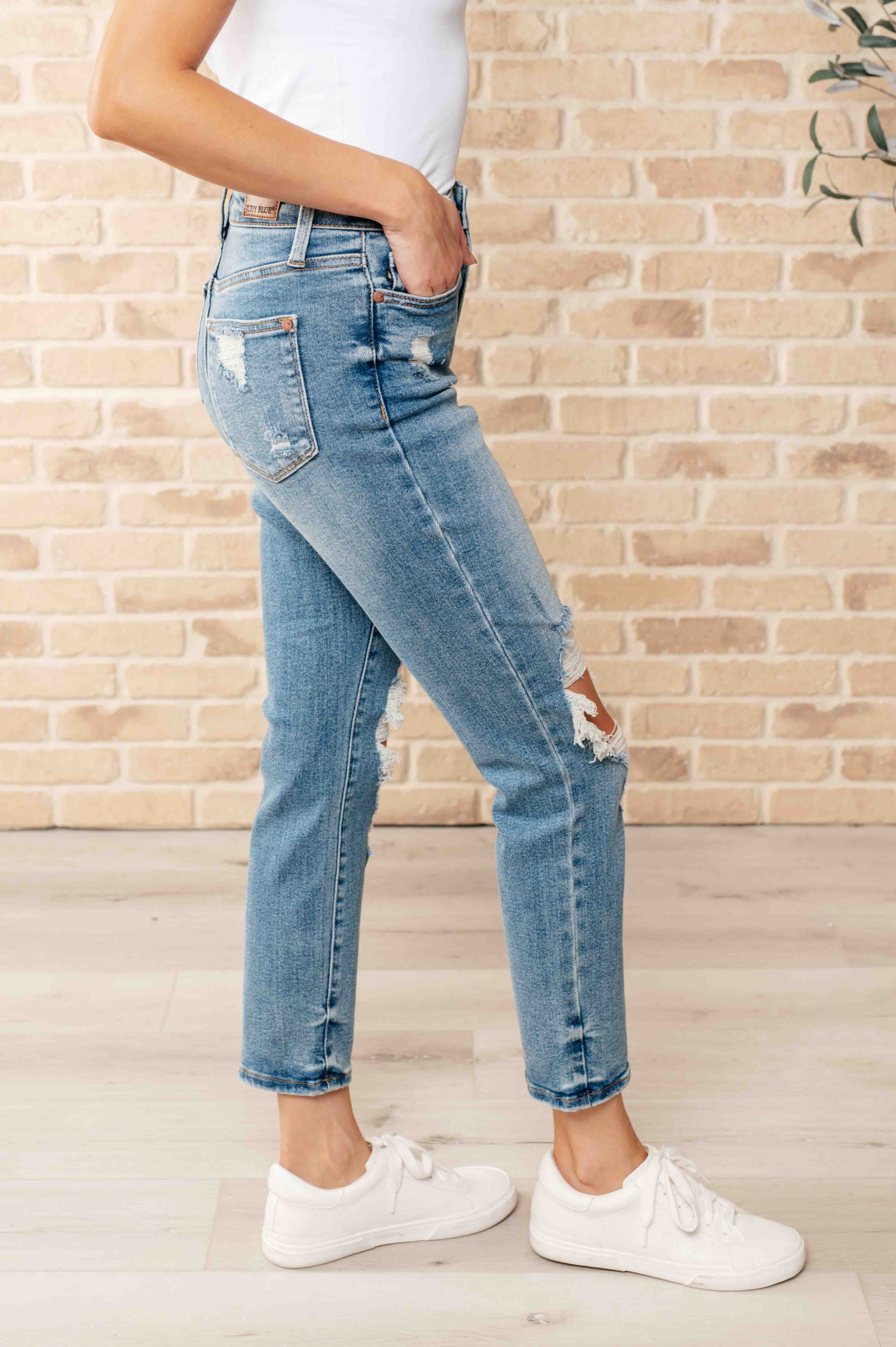 Frankie High Waist Distressed Boyfriend Jeans-Womens-Stay Foxy Boutique, Florissant, Missouri