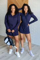 Getting Out Long Sleeve Hoodie Romper in Navy-Jumpsuits & Rompers-Stay Foxy Boutique, Florissant, Missouri