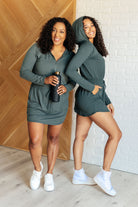 Getting Out Long Sleeve Hoodie Romper in Smoked Spruce-Jumpsuits & Rompers-Stay Foxy Boutique, Florissant, Missouri