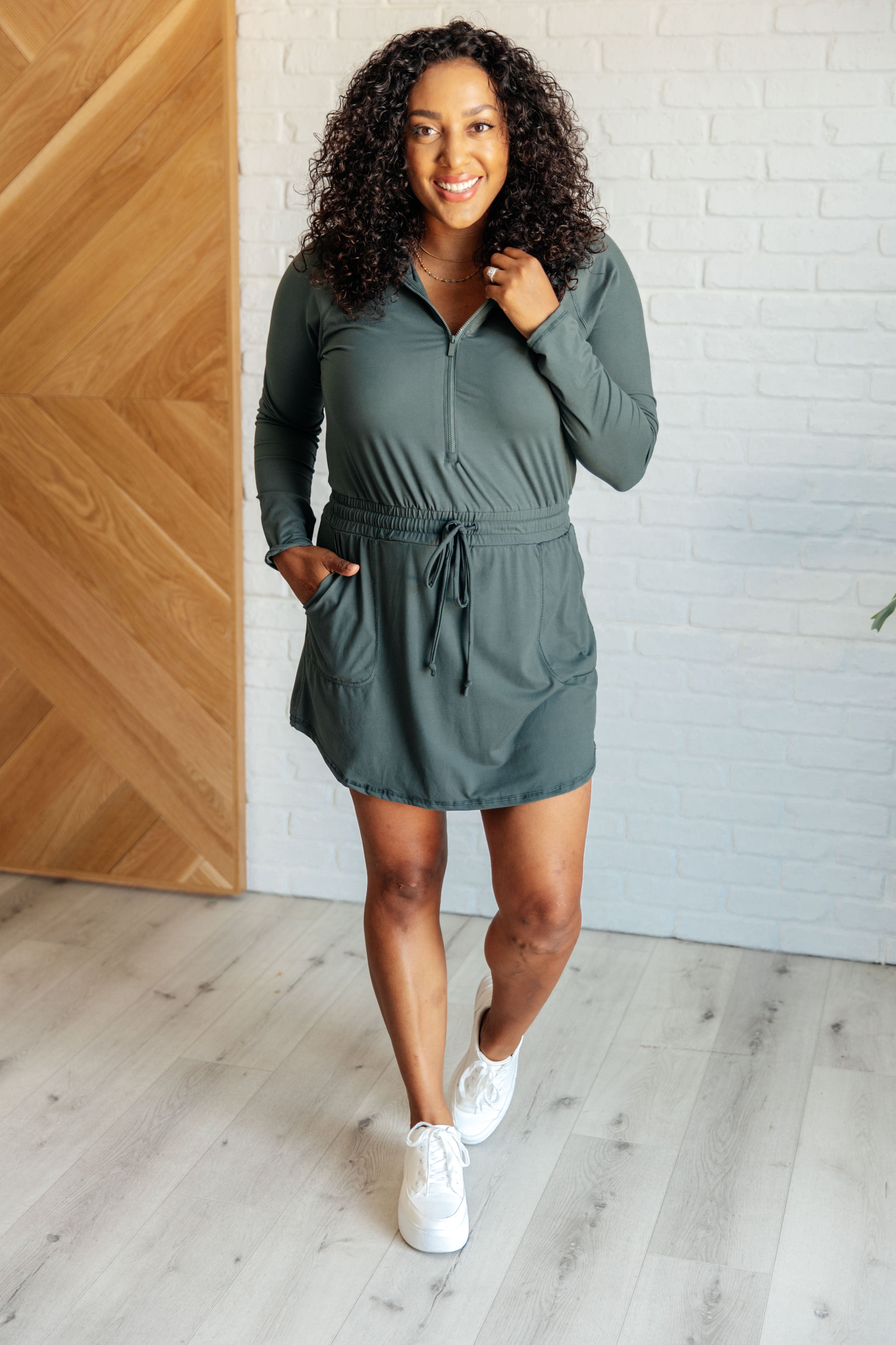 Getting Out Long Sleeve Hoodie Romper in Smoked Spruce-Jumpsuits & Rompers-Stay Foxy Boutique, Florissant, Missouri