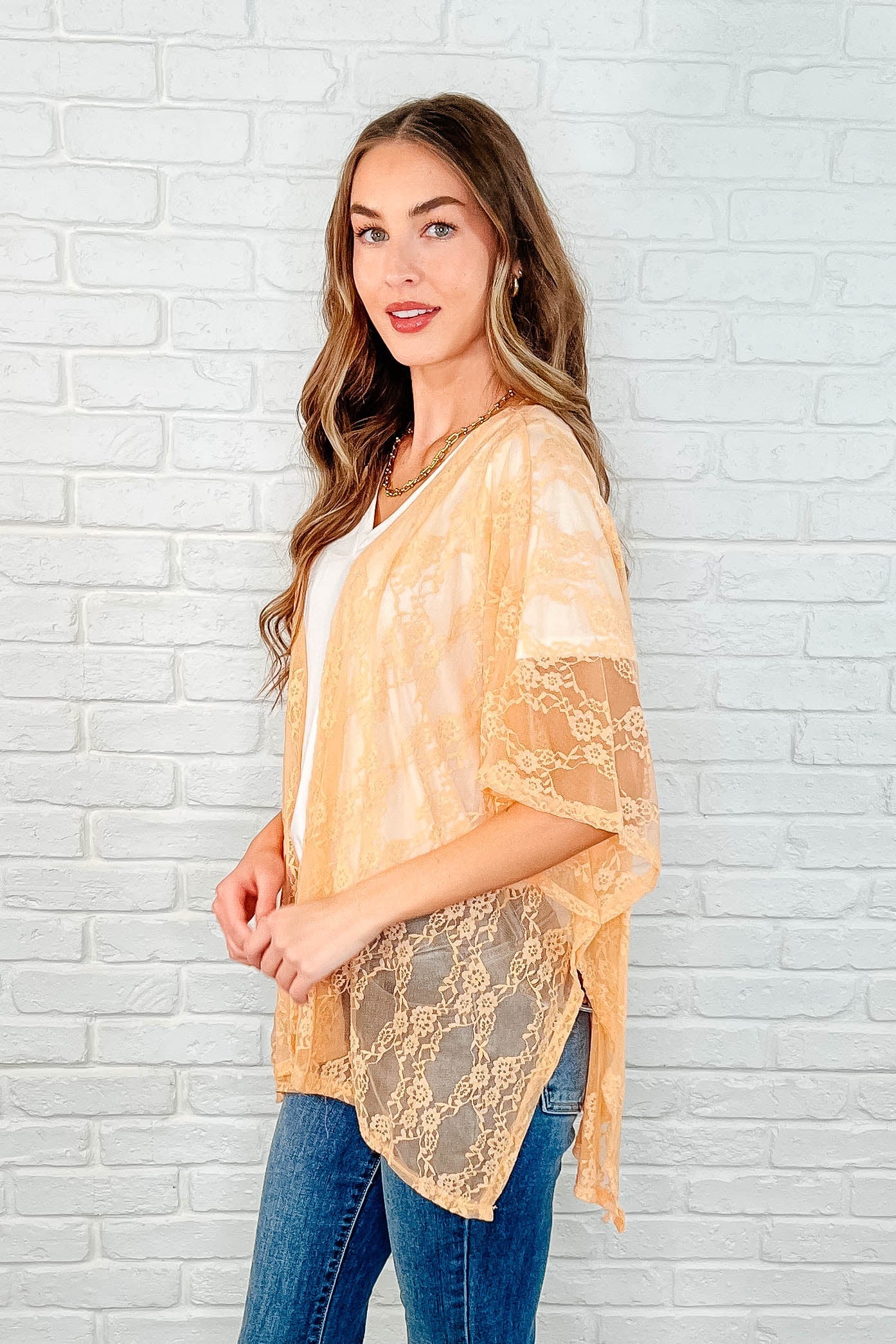 Good Days Ahead Lace Kimono In Peach-Layers-Stay Foxy Boutique, Florissant, Missouri