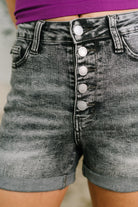 Greyson High Rise Button Fly Cuffed Shorts in Grey-Denim-Stay Foxy Boutique, Florissant, Missouri