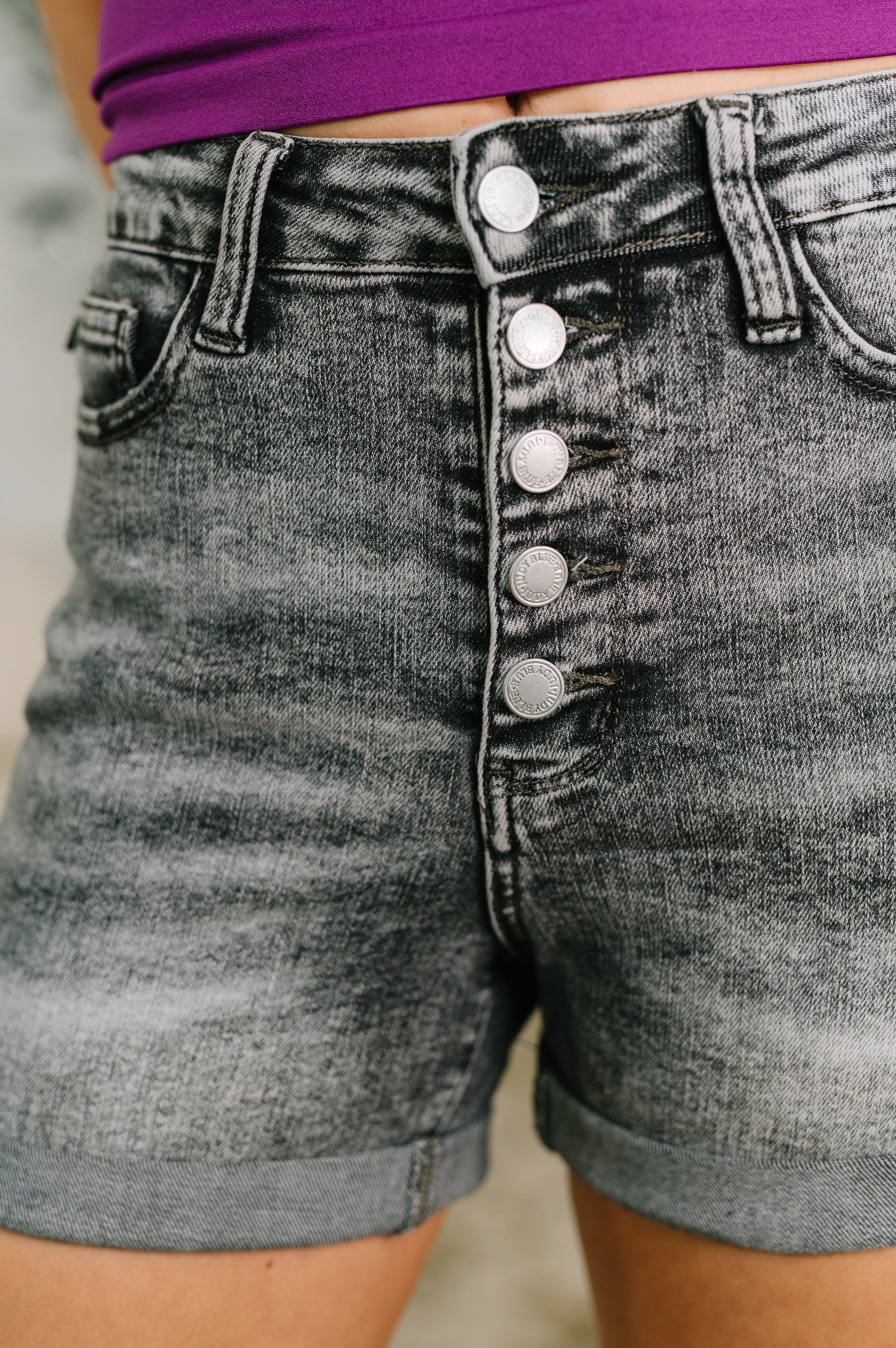 Greyson High Rise Button Fly Cuffed Shorts in Grey-Denim-Stay Foxy Boutique, Florissant, Missouri
