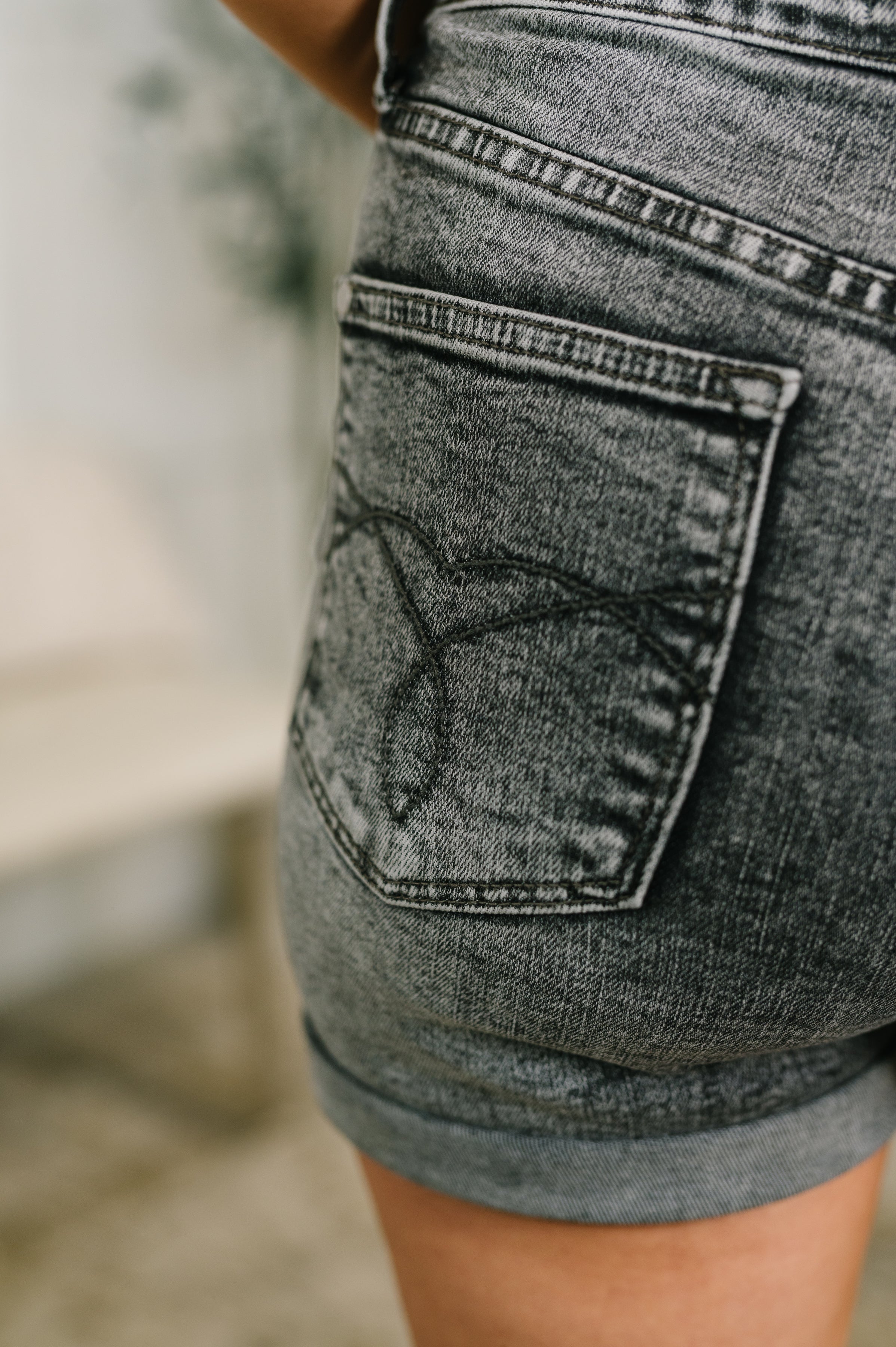 Greyson High Rise Button Fly Cuffed Shorts in Grey-Denim-Stay Foxy Boutique, Florissant, Missouri
