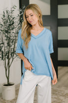 Growing Restless V-Neck Tee in Spring Blue-Womens-Stay Foxy Boutique, Florissant, Missouri