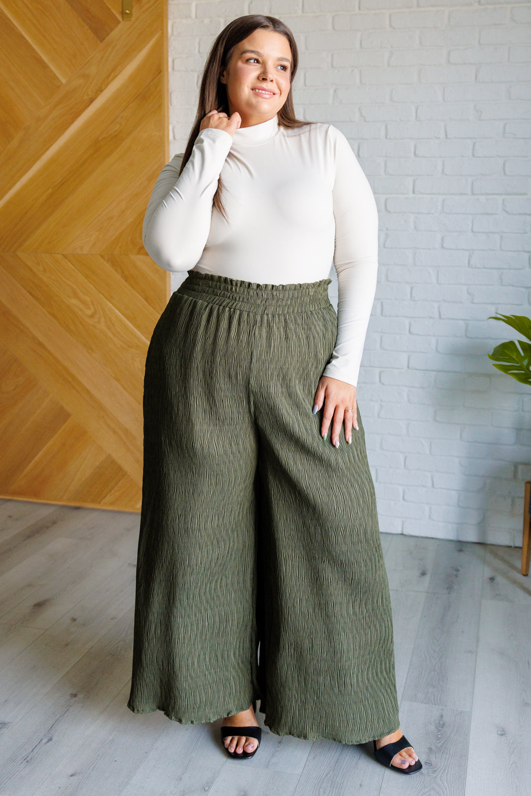 Harmony High Rise Wide Pants in Olive-Bottoms-Stay Foxy Boutique, Florissant, Missouri