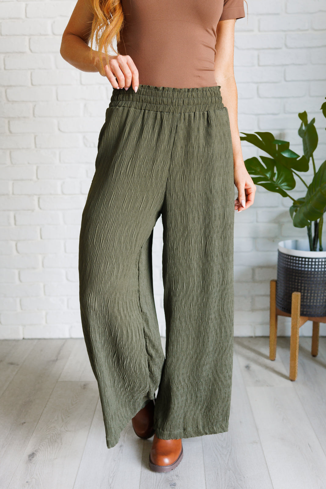 Harmony High Rise Wide Pants in Olive-Bottoms-Stay Foxy Boutique, Florissant, Missouri