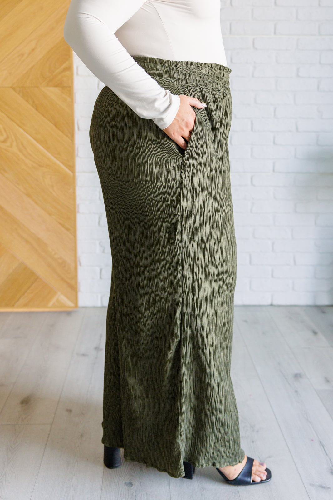 Harmony High Rise Wide Pants in Olive-Bottoms-Stay Foxy Boutique, Florissant, Missouri