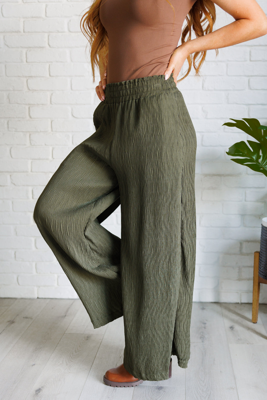 Harmony High Rise Wide Pants in Olive-Bottoms-Stay Foxy Boutique, Florissant, Missouri