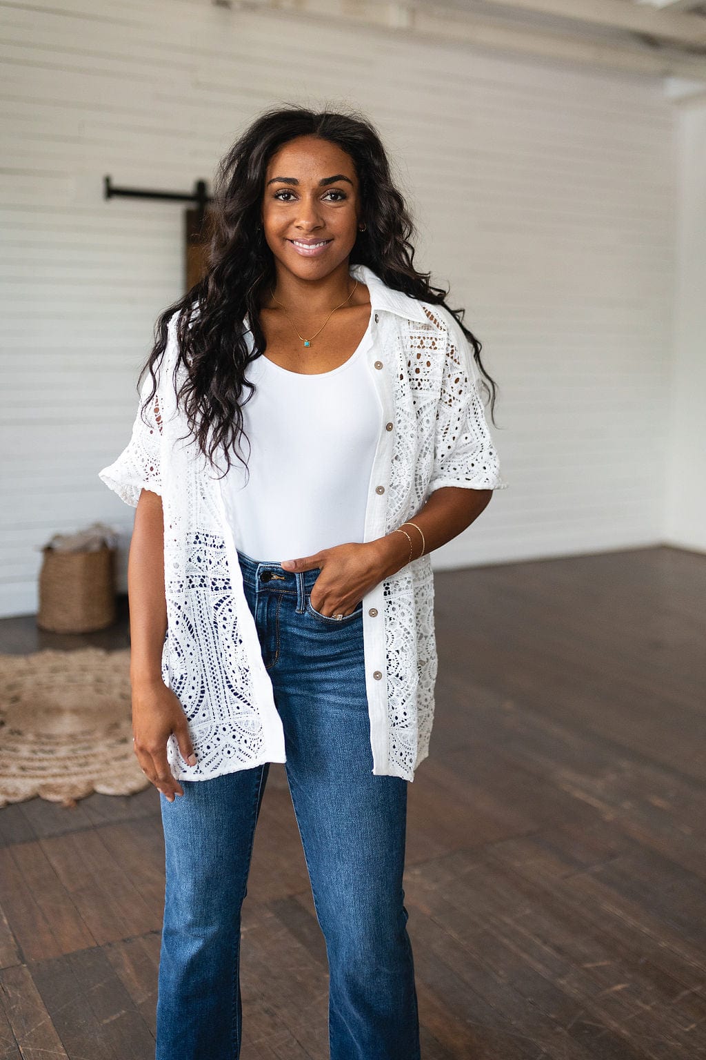 Head in the Clouds Lace Button Down-Tops-Stay Foxy Boutique, Florissant, Missouri