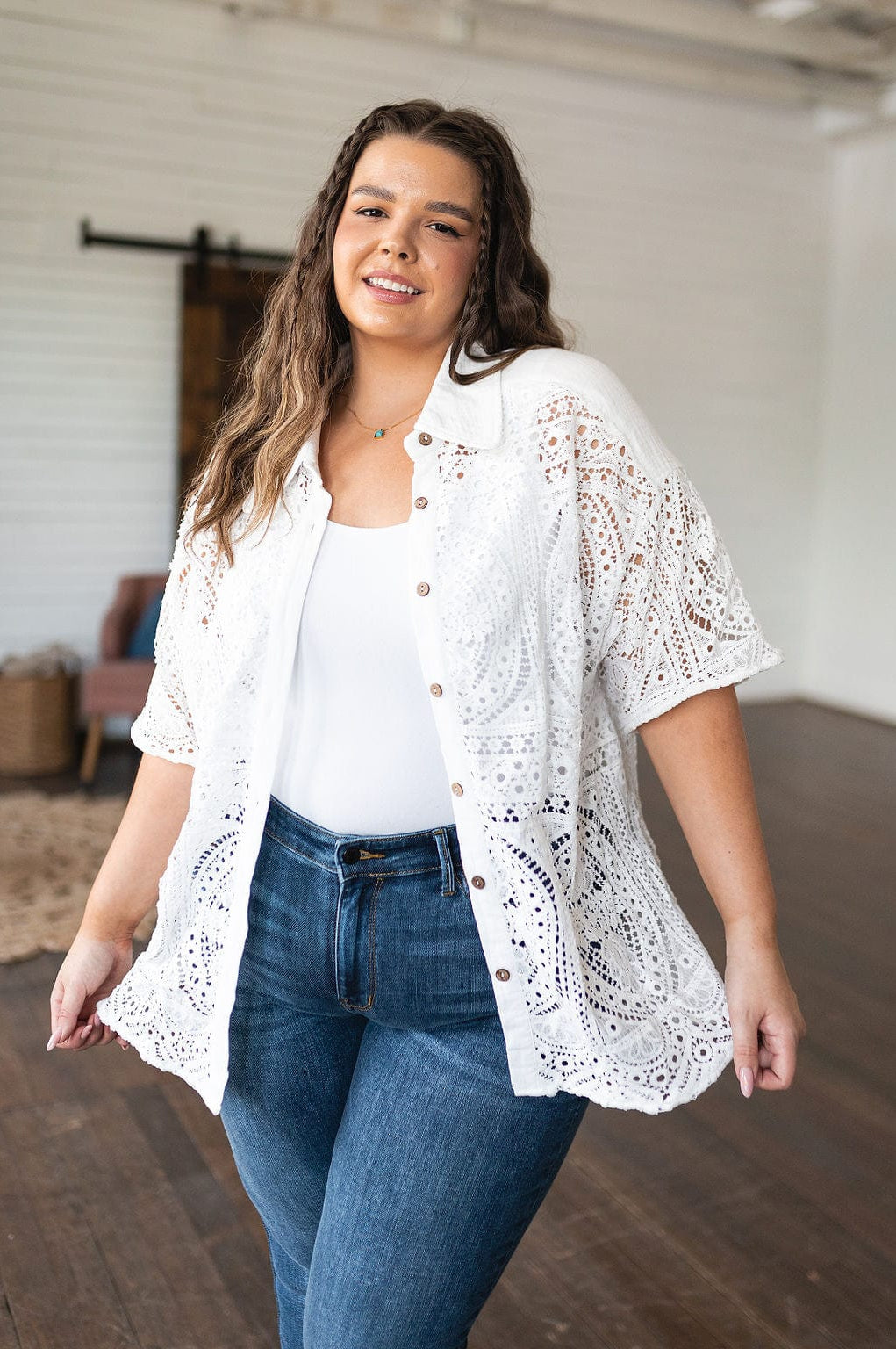 Head in the Clouds Lace Button Down-Tops-Stay Foxy Boutique, Florissant, Missouri