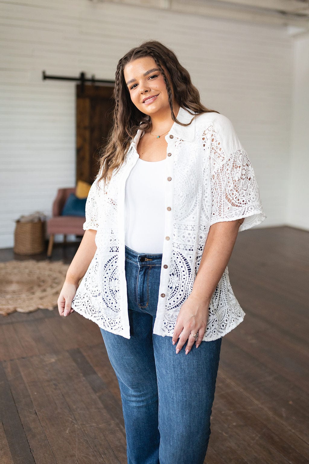 Head in the Clouds Lace Button Down-Tops-Stay Foxy Boutique, Florissant, Missouri