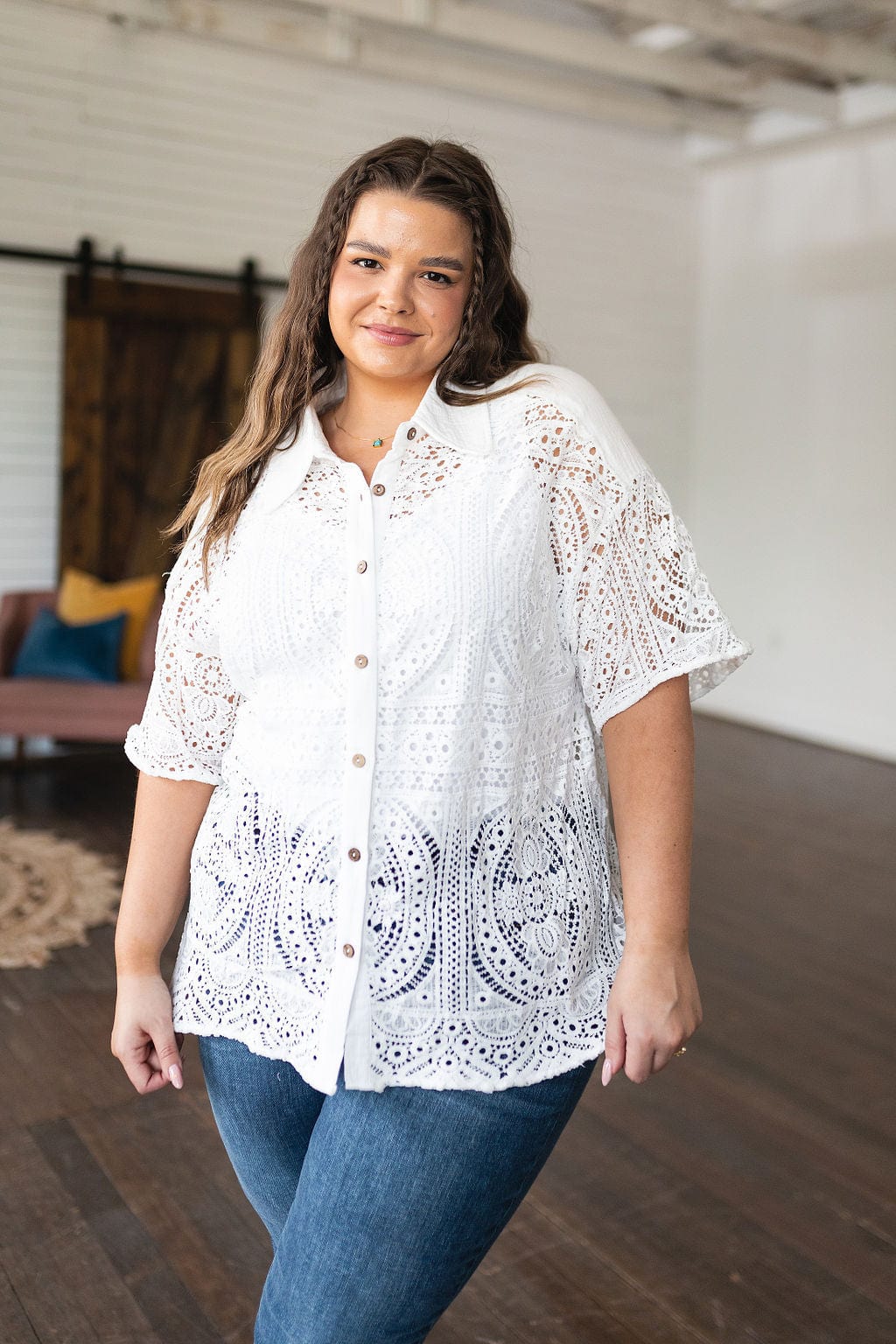 Head in the Clouds Lace Button Down-Tops-Stay Foxy Boutique, Florissant, Missouri