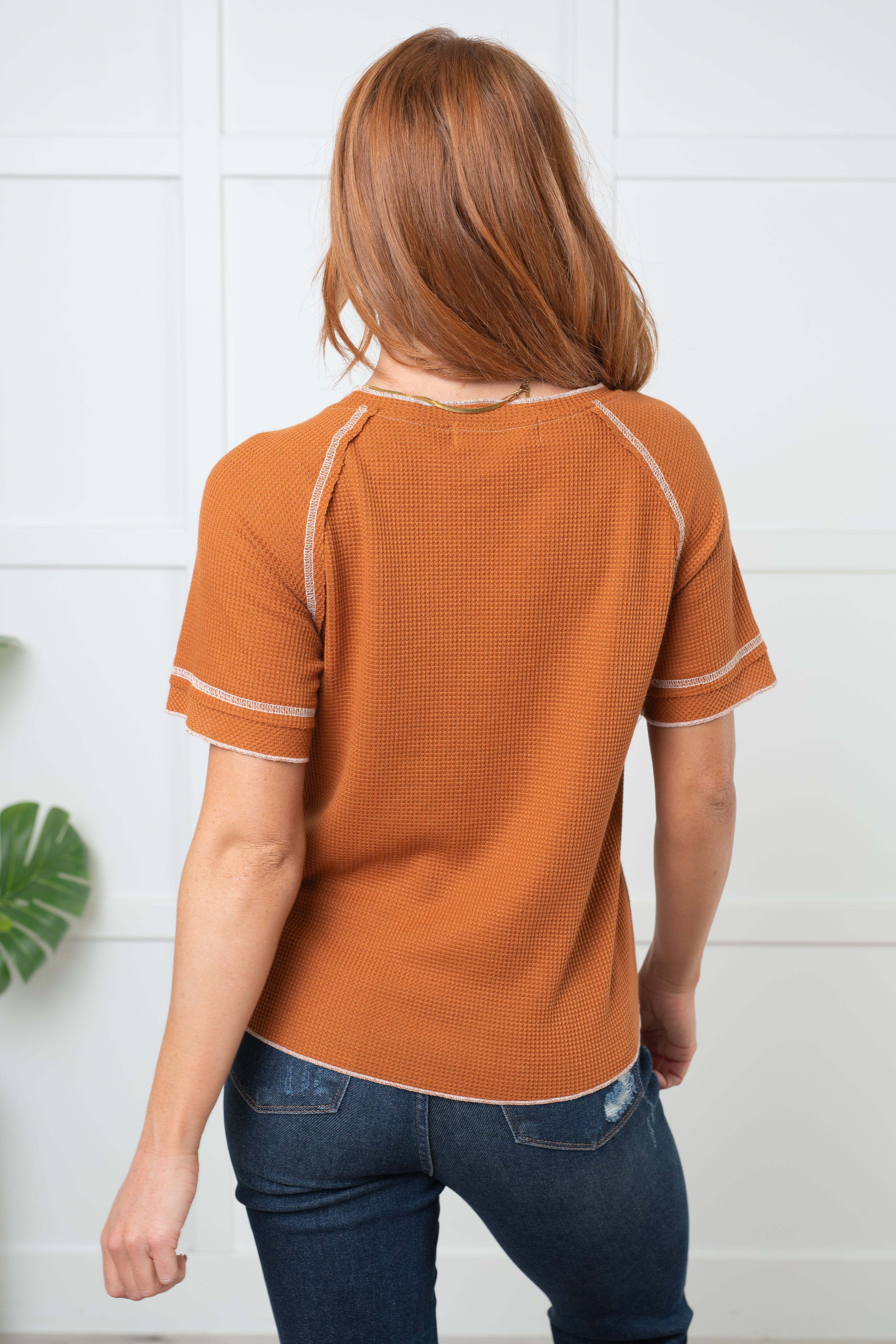Heartbreaker Waffle Knit Tee in Chestnut-Tops-Stay Foxy Boutique, Florissant, Missouri