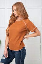 Heartbreaker Waffle Knit Tee in Chestnut-Tops-Stay Foxy Boutique, Florissant, Missouri