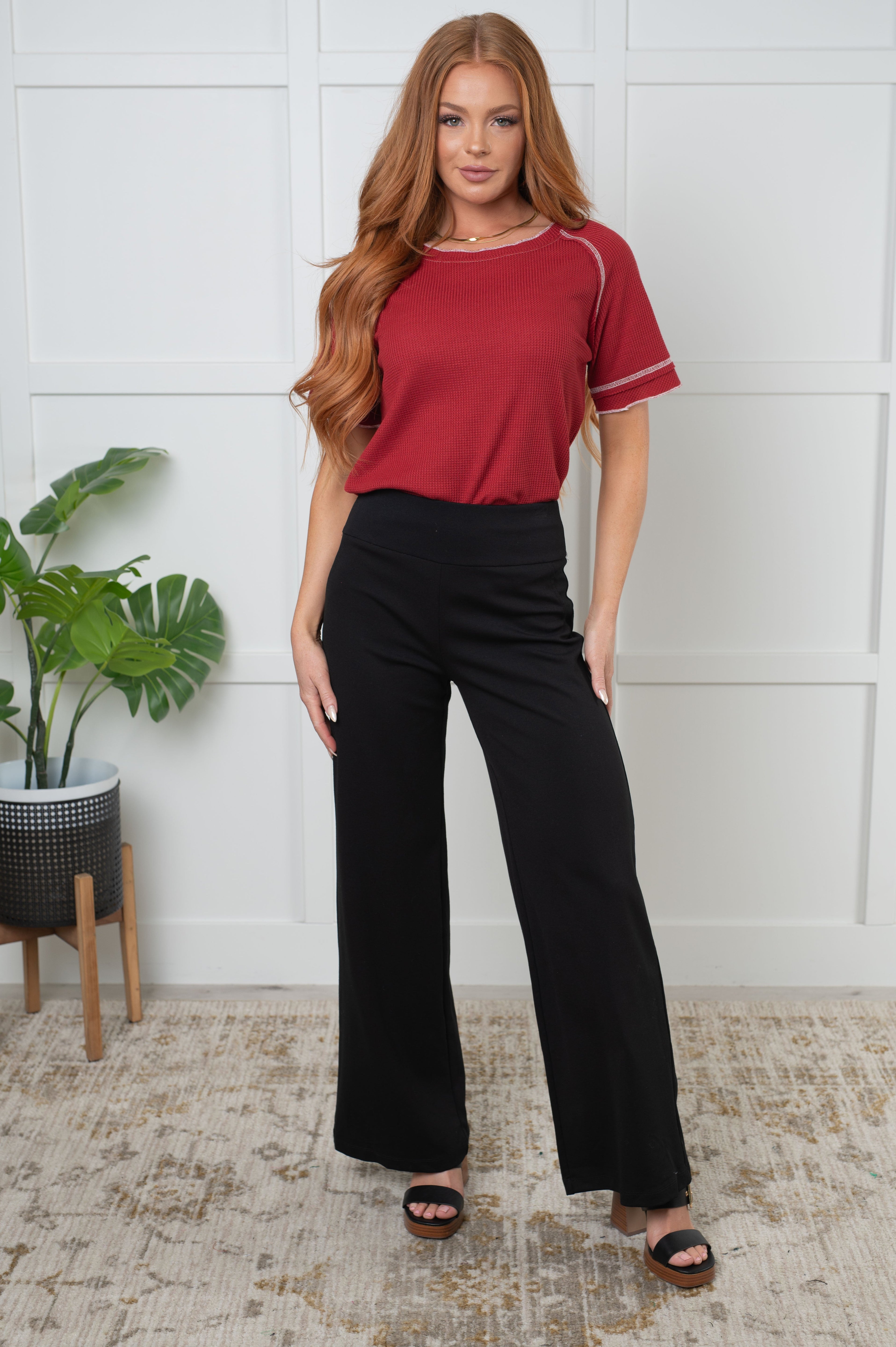 Heartbreaker Waffle Knit Tee in Cranberry-Tops-Stay Foxy Boutique, Florissant, Missouri