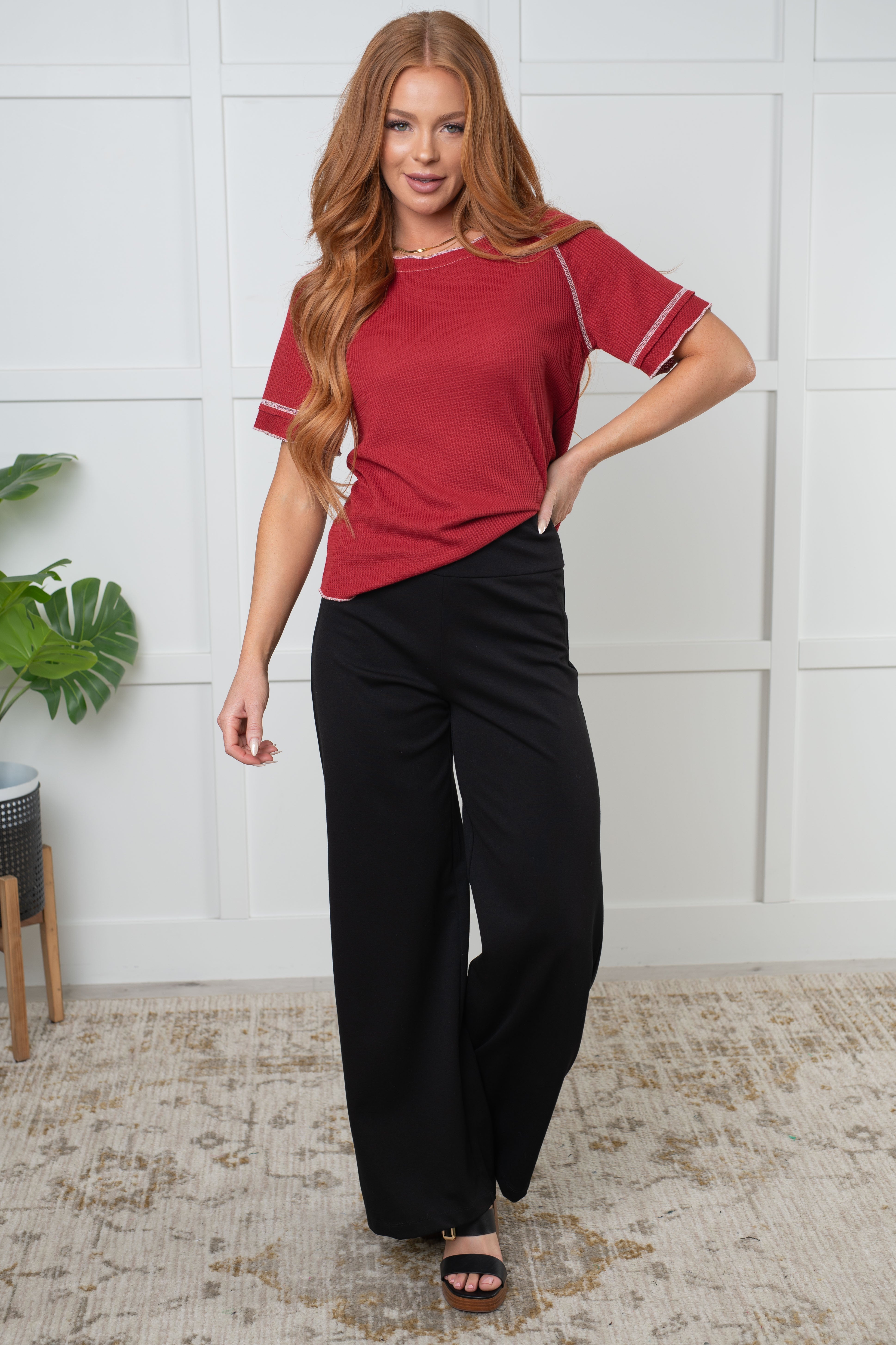 Heartbreaker Waffle Knit Tee in Cranberry-Tops-Stay Foxy Boutique, Florissant, Missouri