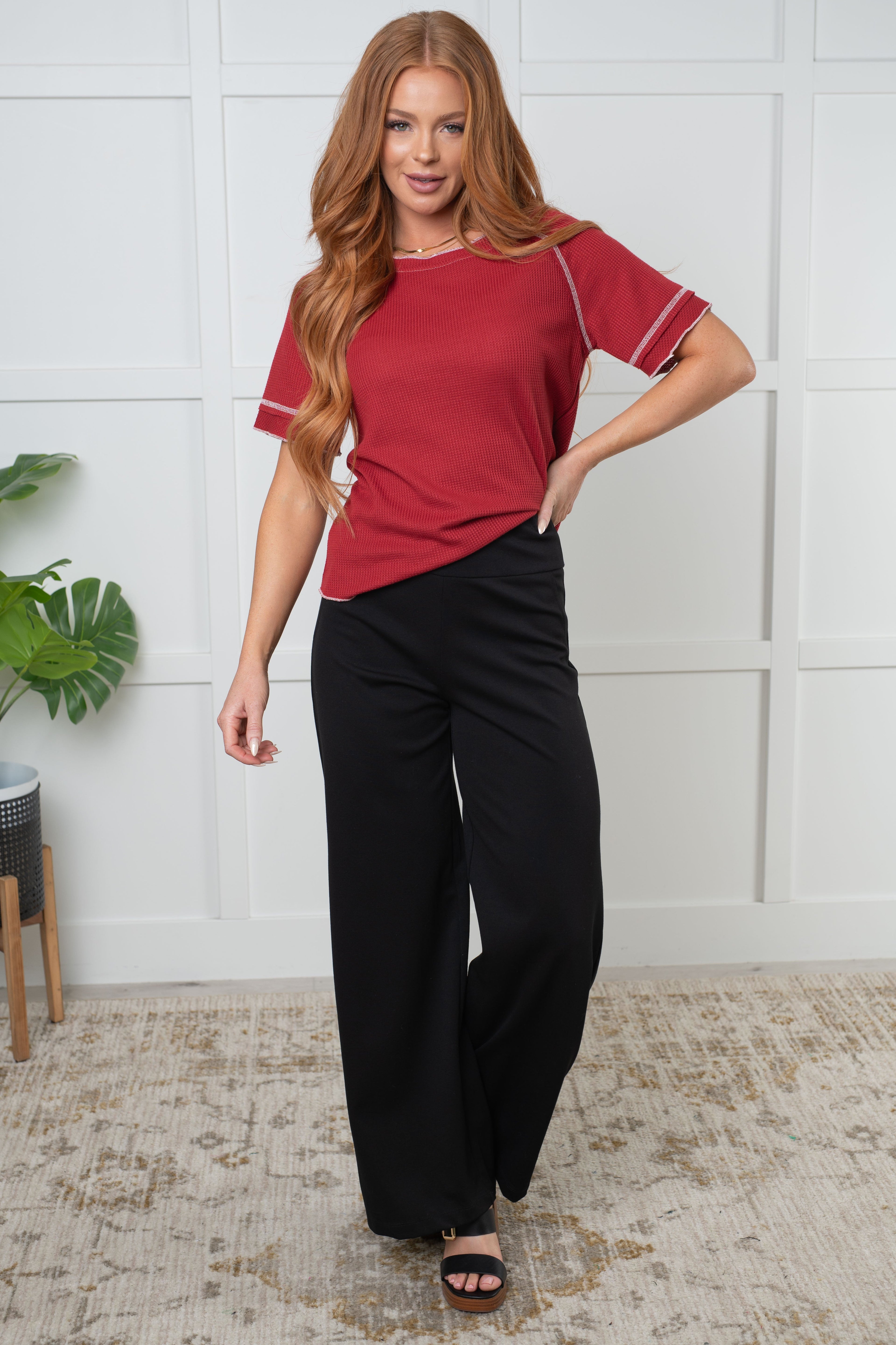 Heartbreaker Waffle Knit Tee in Cranberry-Tops-Stay Foxy Boutique, Florissant, Missouri
