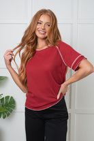 Heartbreaker Waffle Knit Tee in Cranberry-Tops-Stay Foxy Boutique, Florissant, Missouri