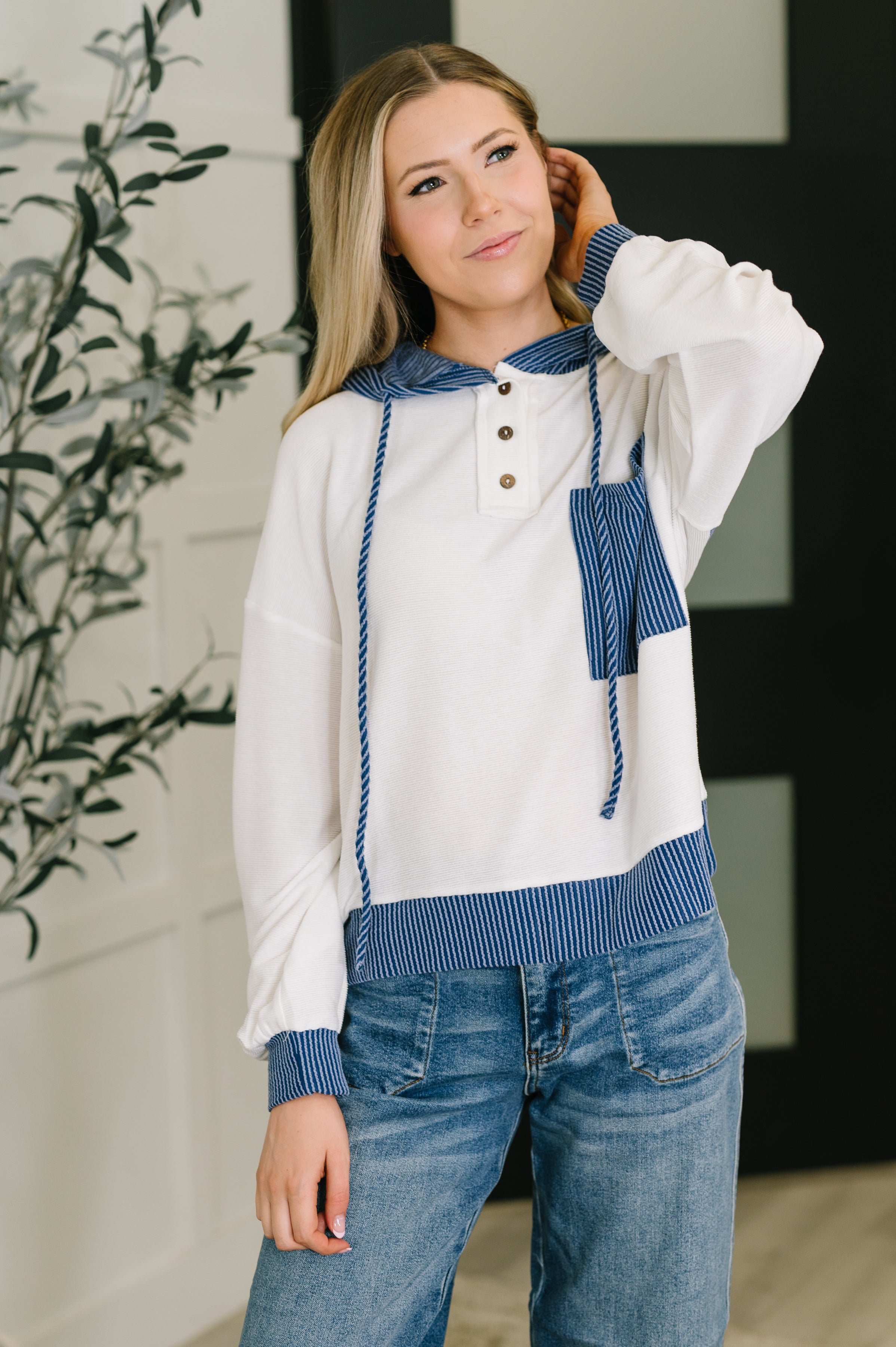 Here for Now Color Block Hoodie in Blue-Womens-Stay Foxy Boutique, Florissant, Missouri