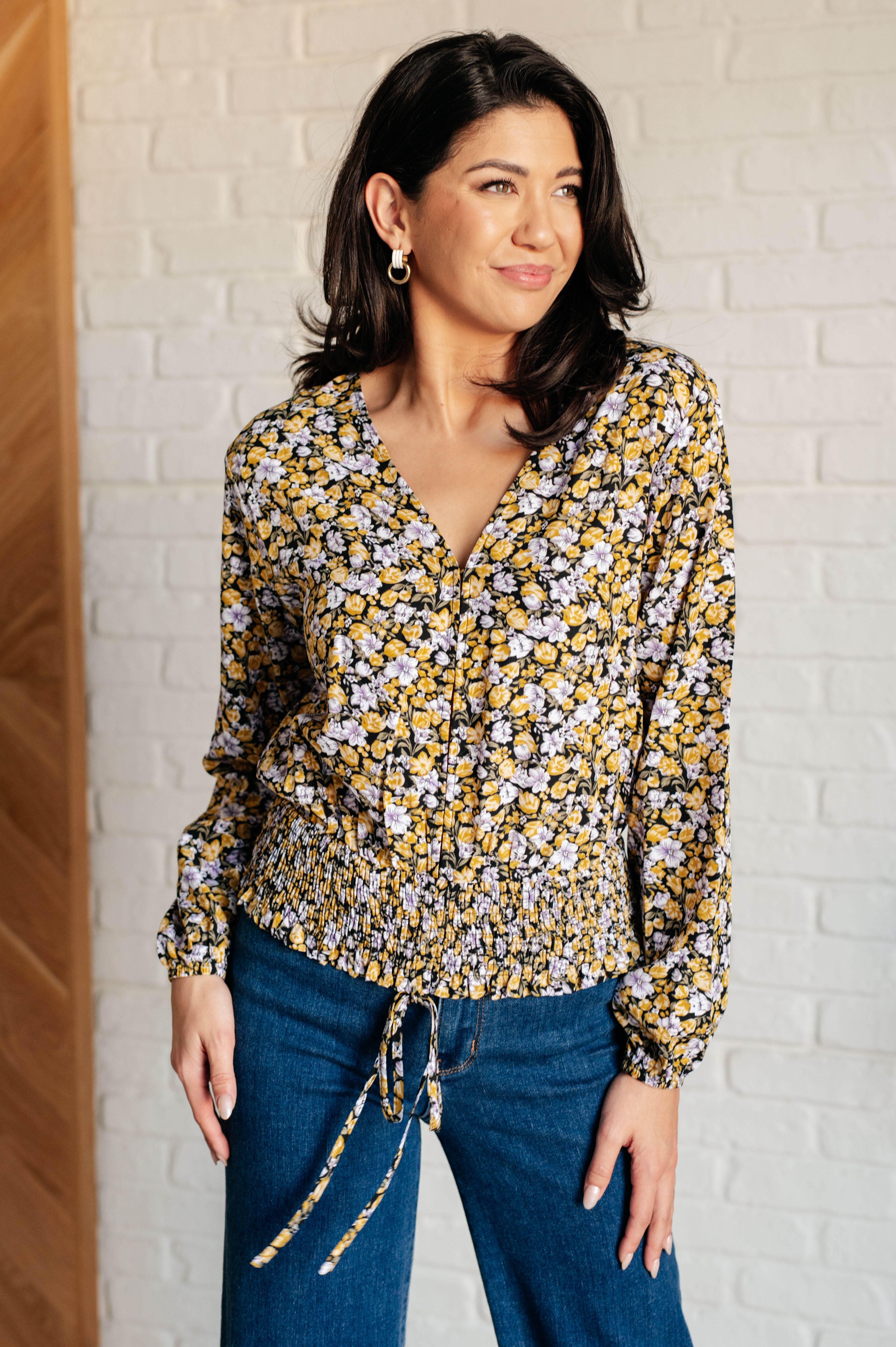 Honey Honey Floral Smocked Blouse in Black-Blouses-Stay Foxy Boutique, Florissant, Missouri