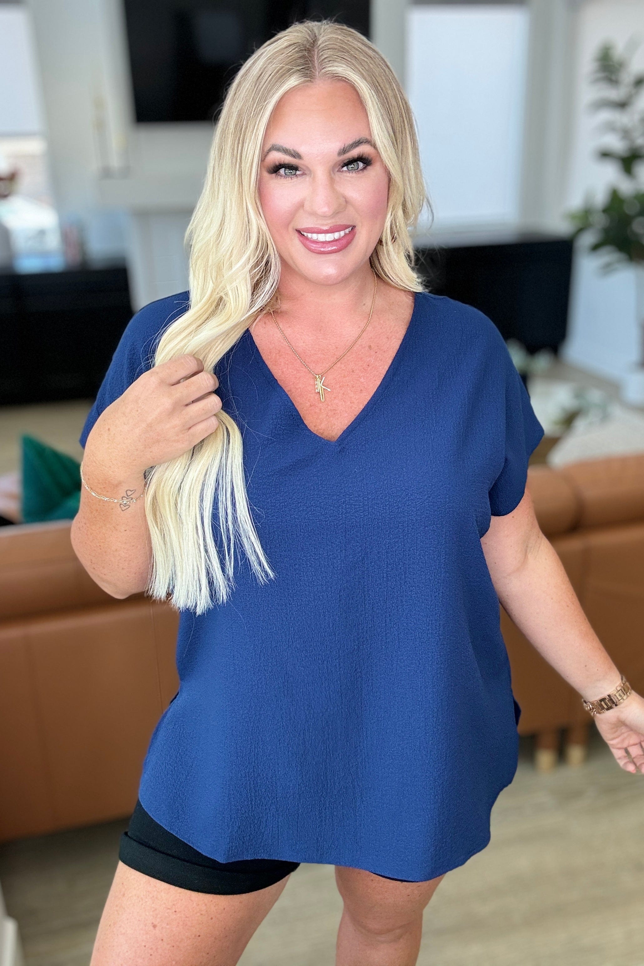 Let Me Be Your Wings V-Neck Top in Navy-Tops-Stay Foxy Boutique, Florissant, Missouri