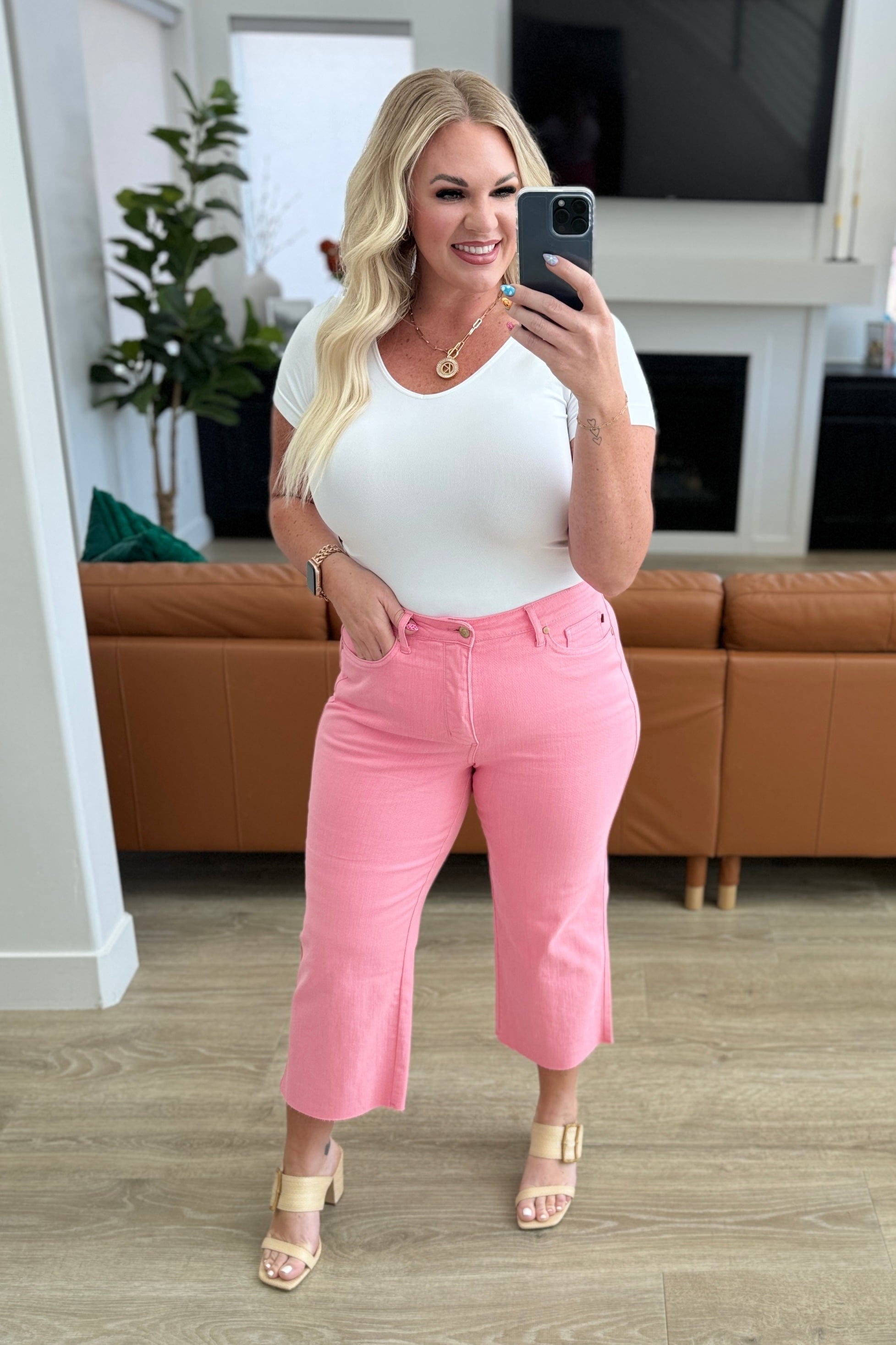 Lisa High Rise Control Top Wide Leg Crop Jeans in Pink-Denim-Stay Foxy Boutique, Florissant, Missouri