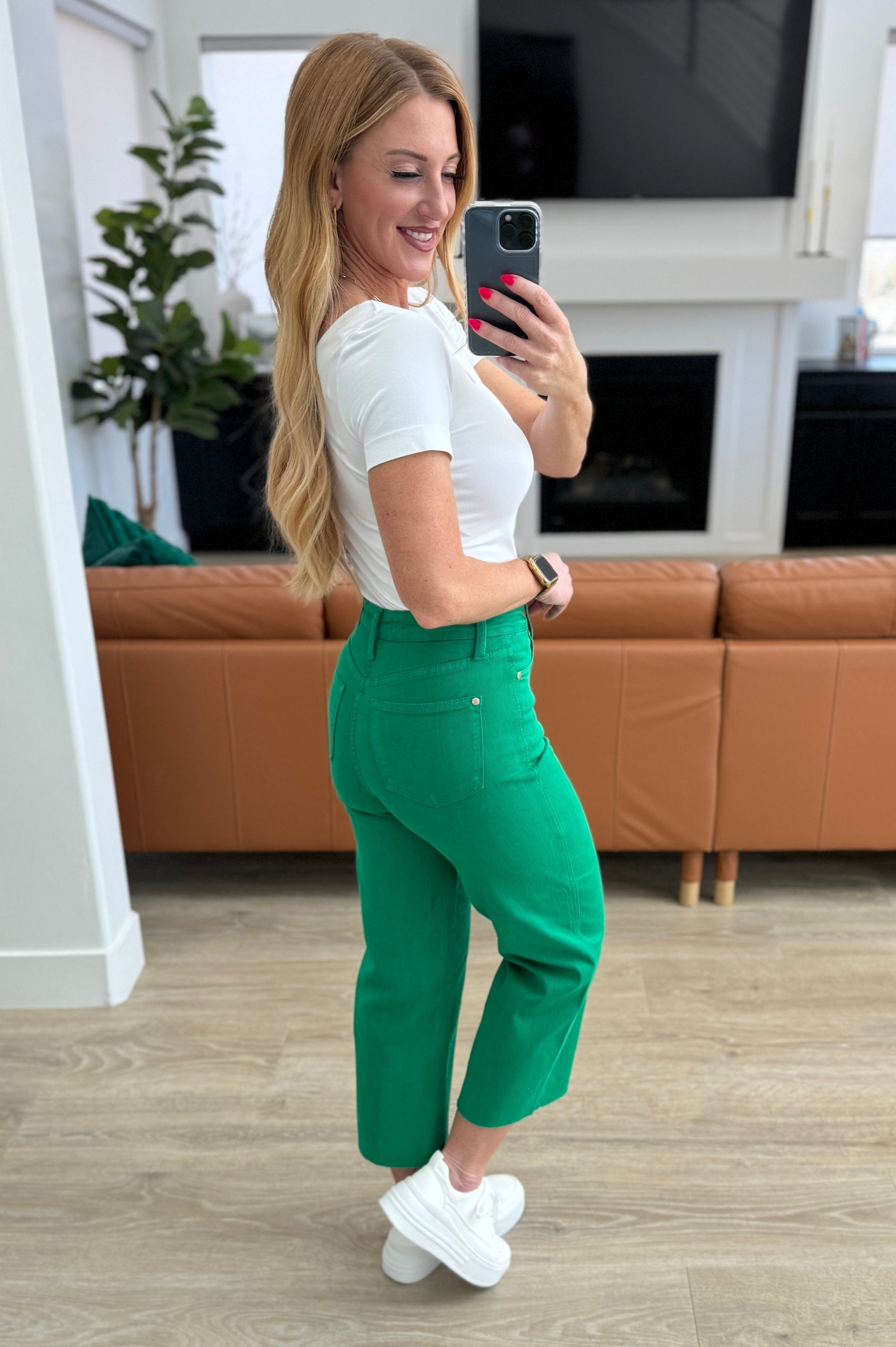 Lisa High Rise Control Top Wide Leg Crop Jeans in Kelly Green-Denim-Stay Foxy Boutique, Florissant, Missouri