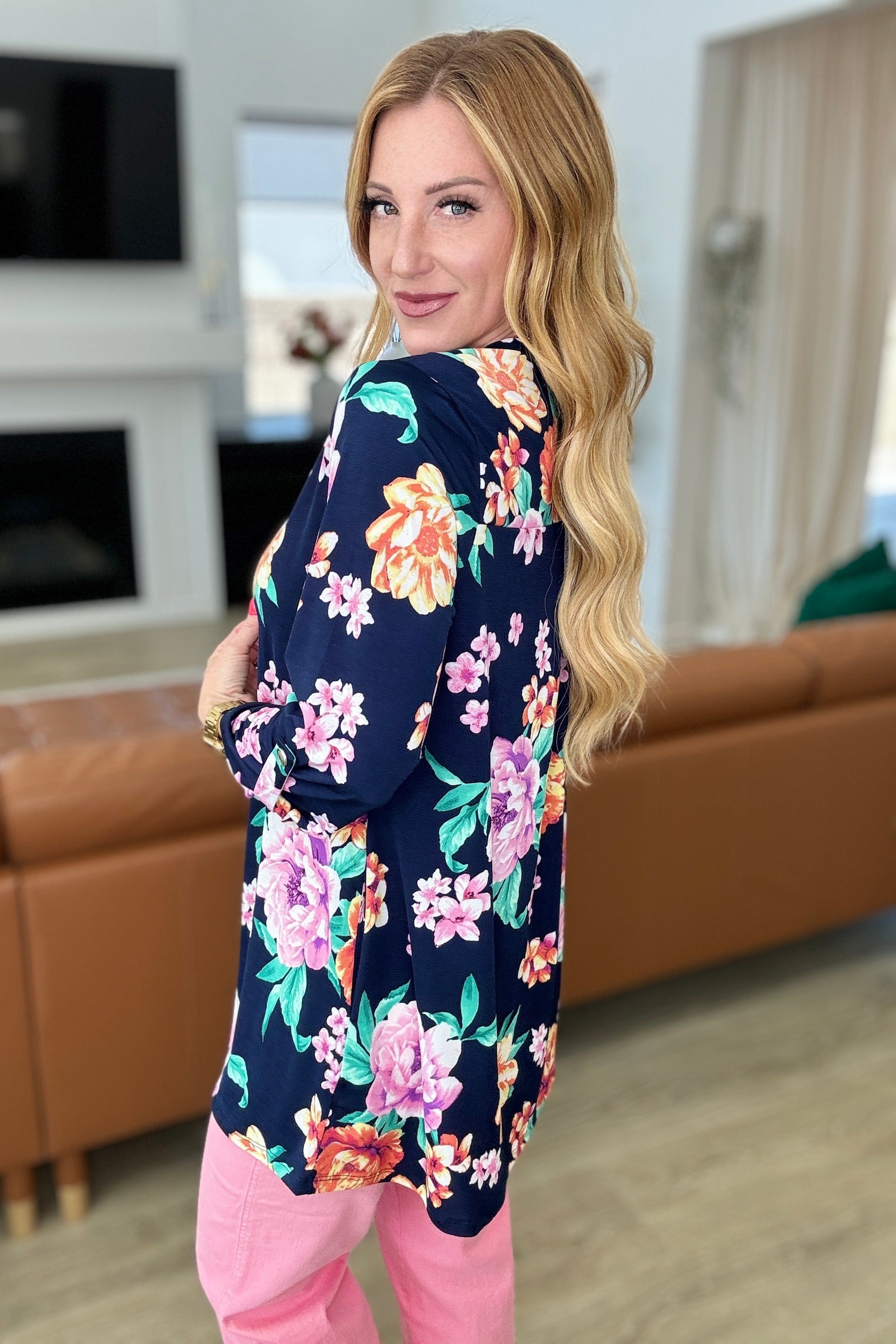 Lizzy Cardigan in Navy and Lavender Bouquet-Layers-Stay Foxy Boutique, Florissant, Missouri