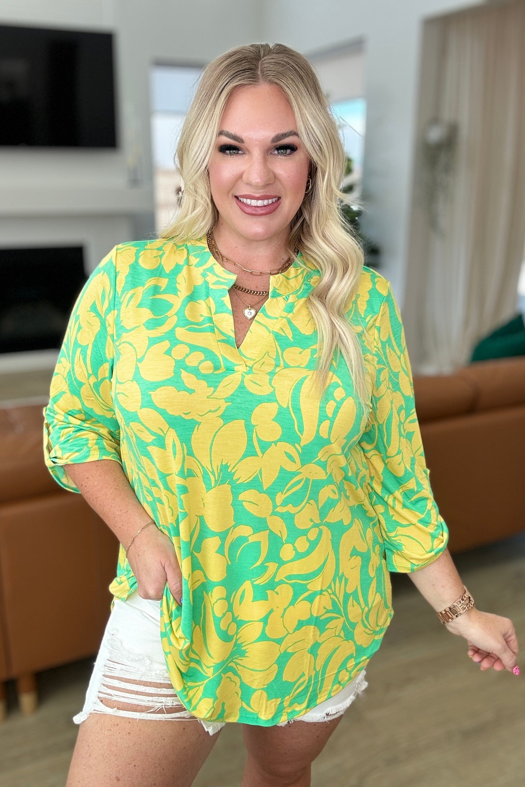 Lizzy Top in Kelly Green and Yellow Floral-Tops-Stay Foxy Boutique, Florissant, Missouri