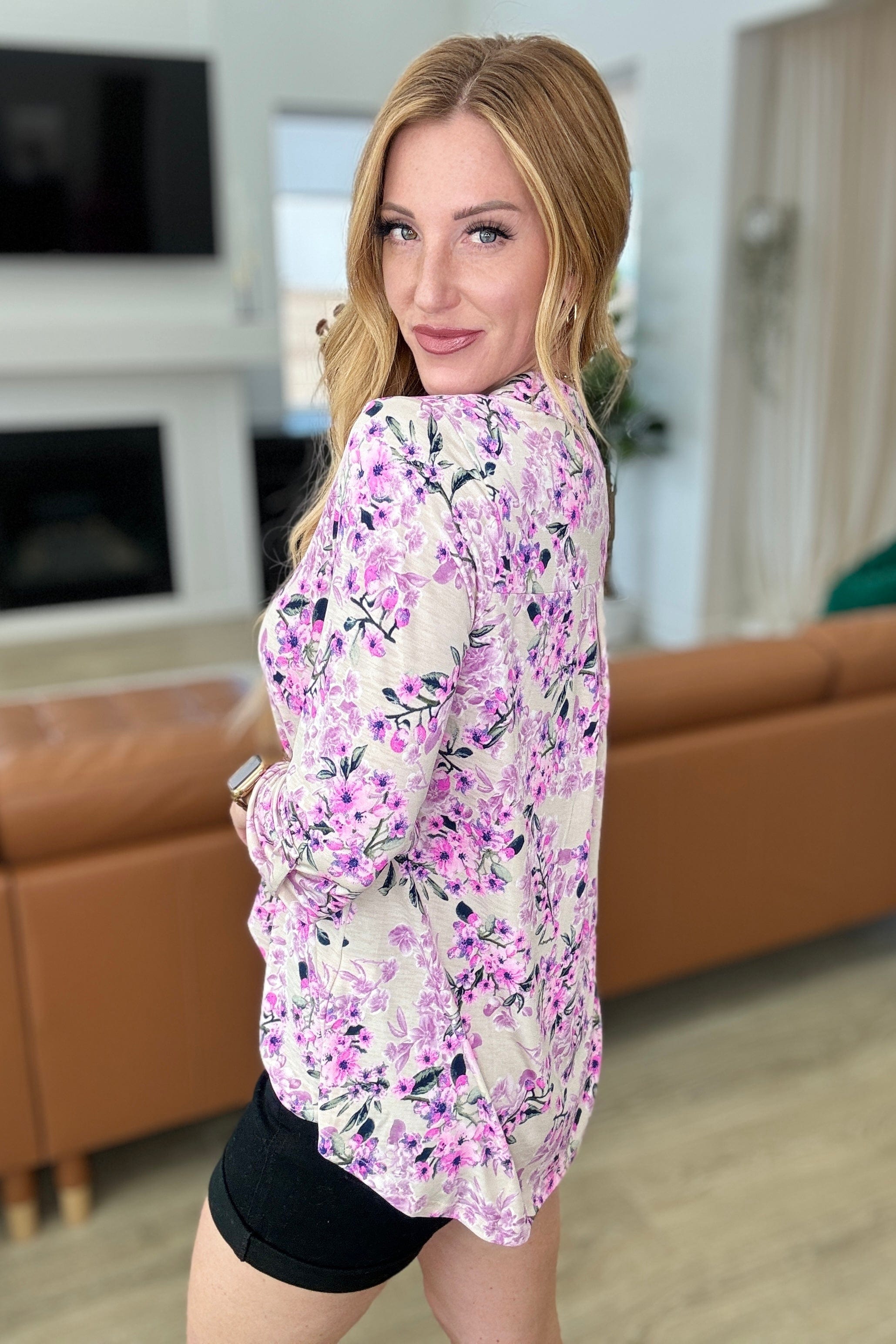 Lizzy Top in Oyster and Pink Blossoms-Tops-Stay Foxy Boutique, Florissant, Missouri