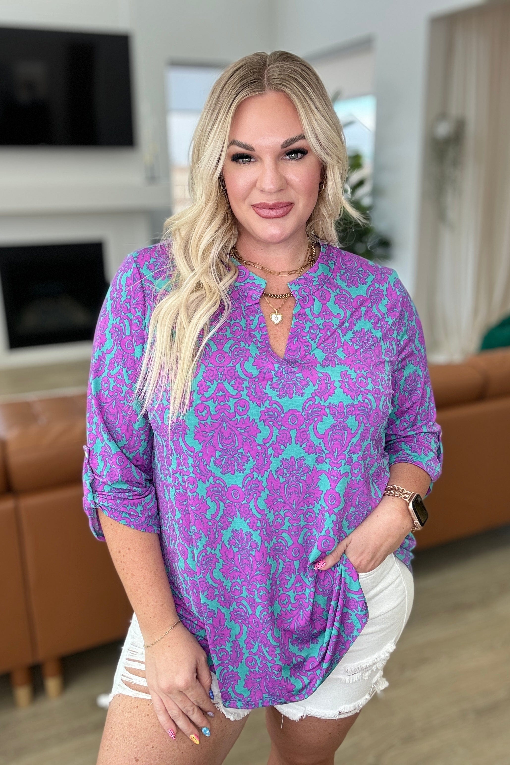 Lizzy Top in Teal and Magenta Damask-Tops-Stay Foxy Boutique, Florissant, Missouri